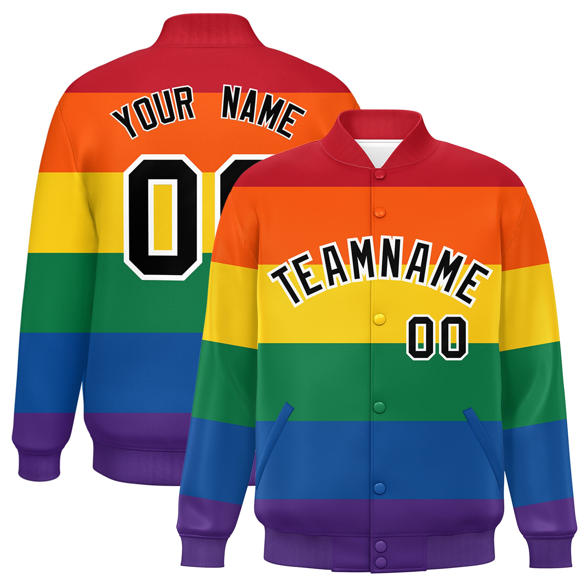 Custom LGBT Rainbow For Pride Month Full-Snap Color Block Letterman Baseball Jacket