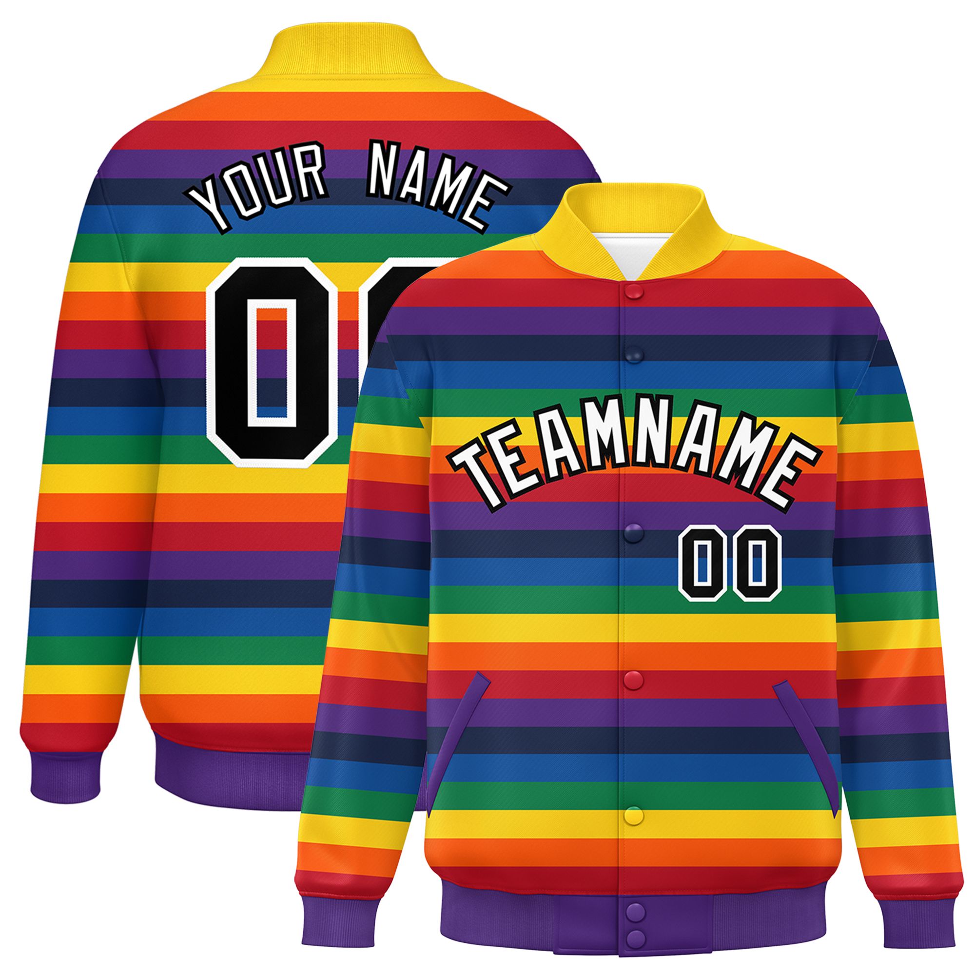 Custom LGBT Rainbow For Pride Month Full-Snap Color Block Letterman Baseball Jacket