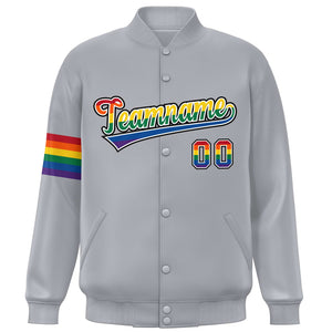 Custom Light Gray LGBT Rainbow For Pride Month Classic Style Letterman Baseball Jacket