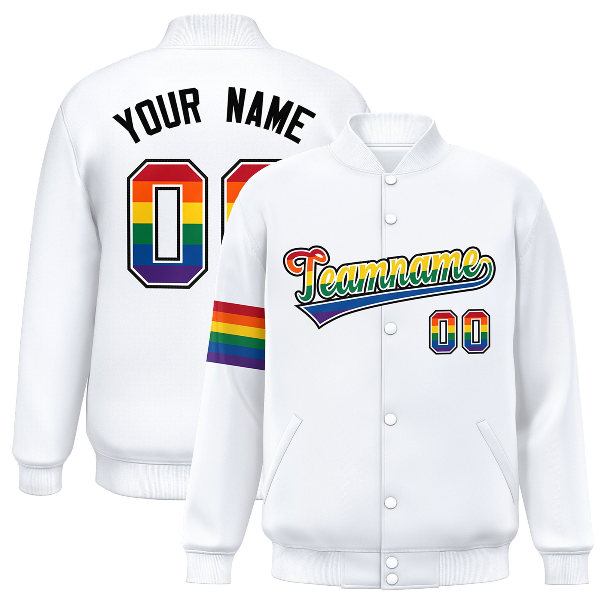 Custom White LGBT Rainbow For Pride Month Classic Style Letterman Baseball Jacket