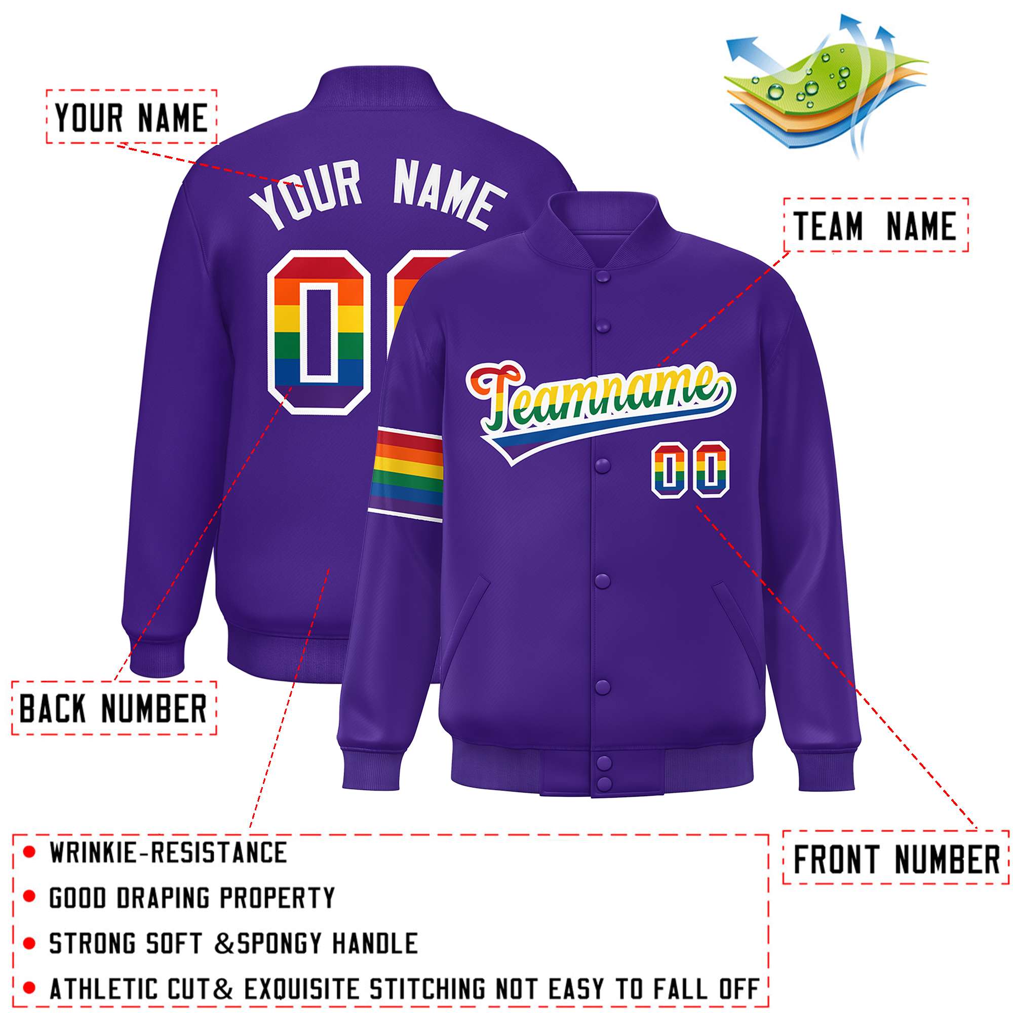 Custom Purple LGBT Rainbow For Pride Month Classic Style Letterman Baseball Jacket