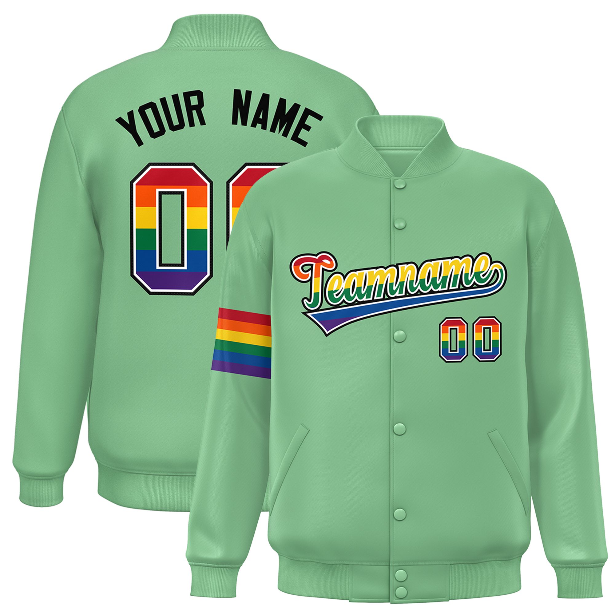 Custom Light Green LGBT Rainbow For Pride Month Classic Style Letterman Baseball Jacket