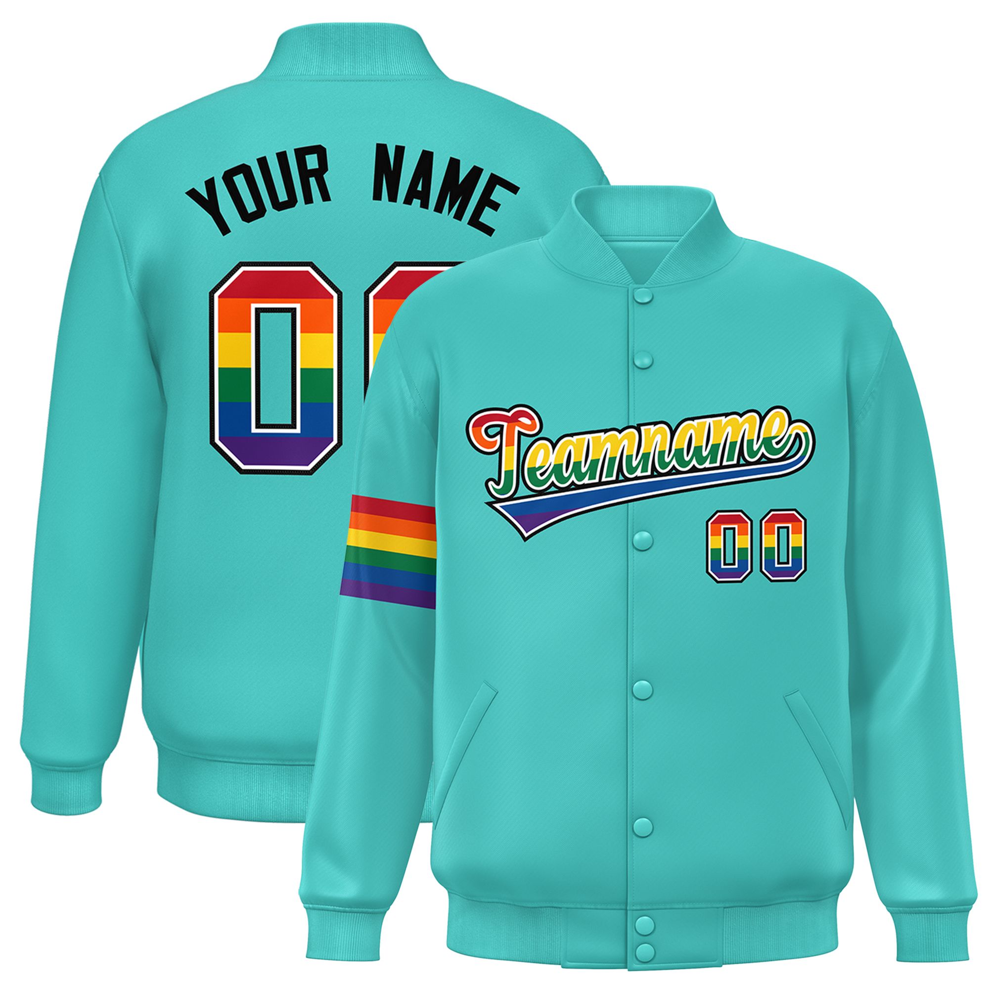 Custom Aqua LGBT Rainbow For Pride Month Classic Style Letterman Baseball Jacket