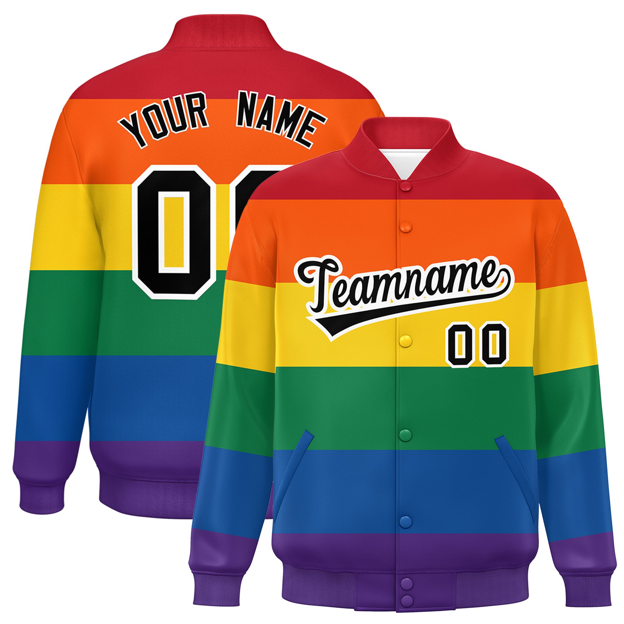 Custom LGBT Rainbow For Pride Month Full-Snap Color Block Letterman Baseball Jacket