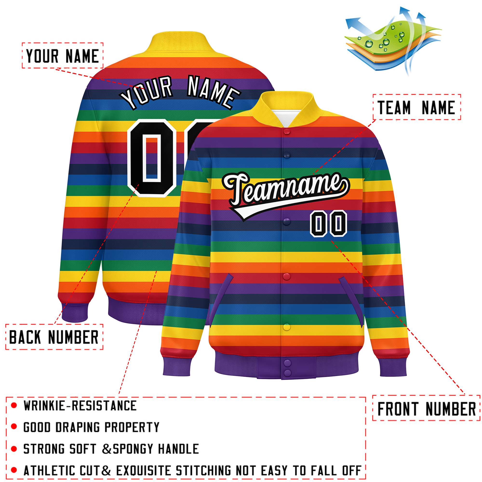 Custom LGBT Rainbow For Pride Month Full-Snap Color Block Letterman Baseball Jacket