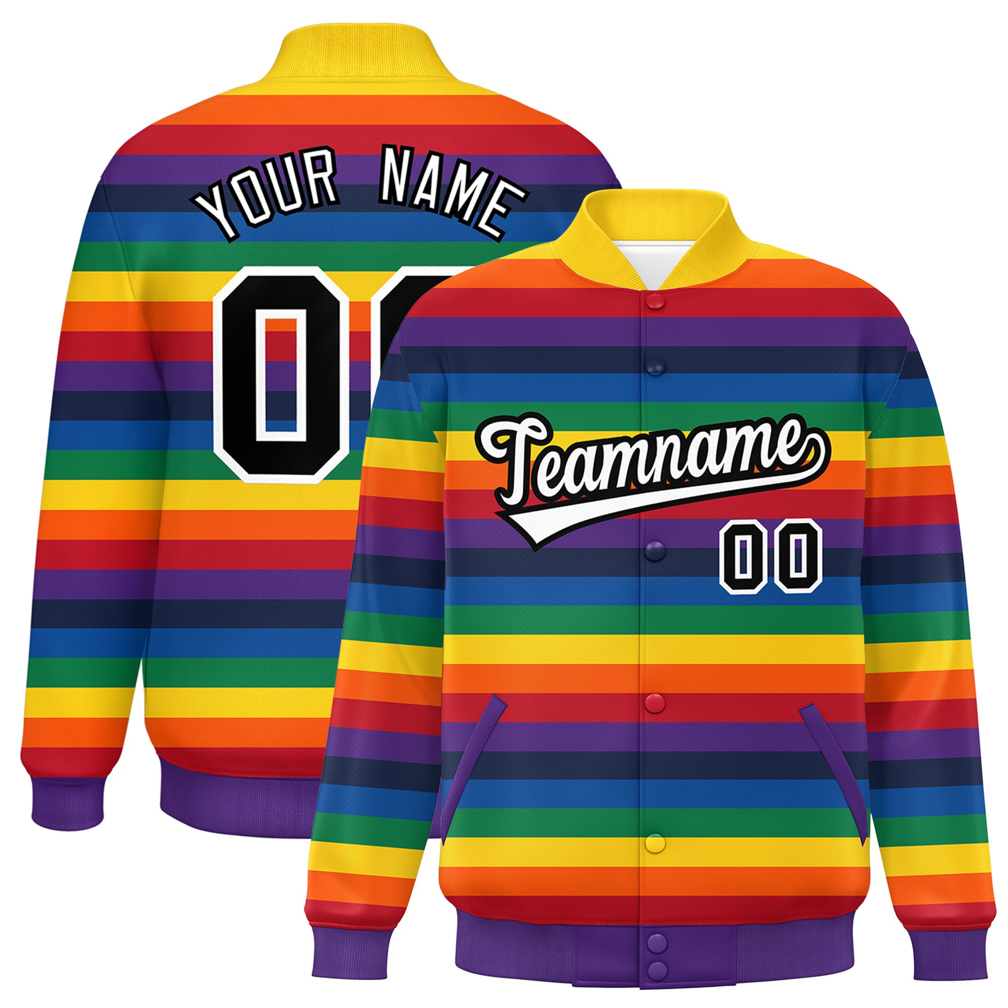 Custom LGBT Rainbow For Pride Month Full-Snap Color Block Letterman Baseball Jacket