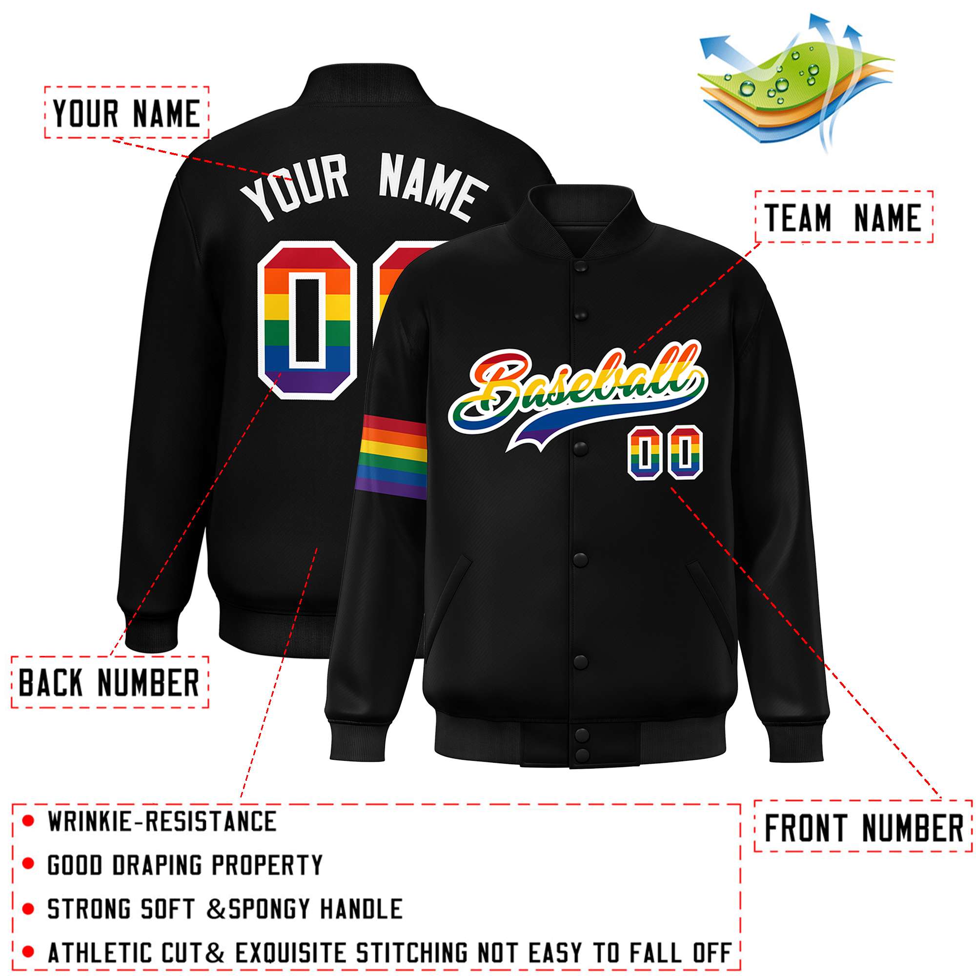 Custom Black LGBT Rainbow For Pride Month Classic Style Letterman Baseball Jacket