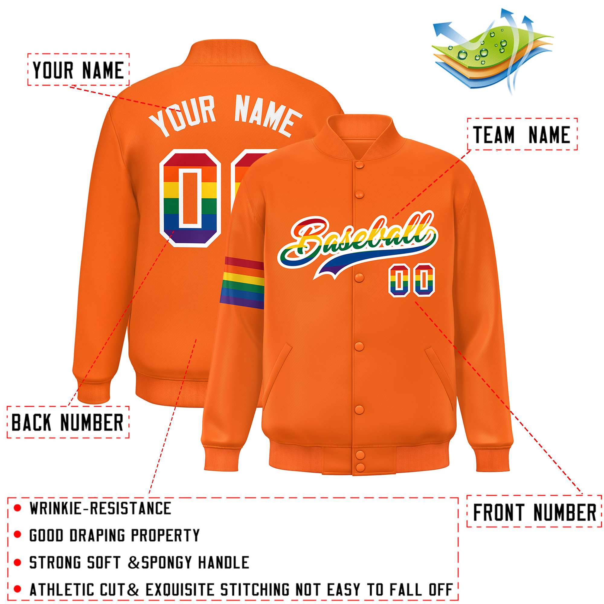 Custom Orange LGBT Rainbow For Pride Month Classic Style Letterman Baseball Jacket