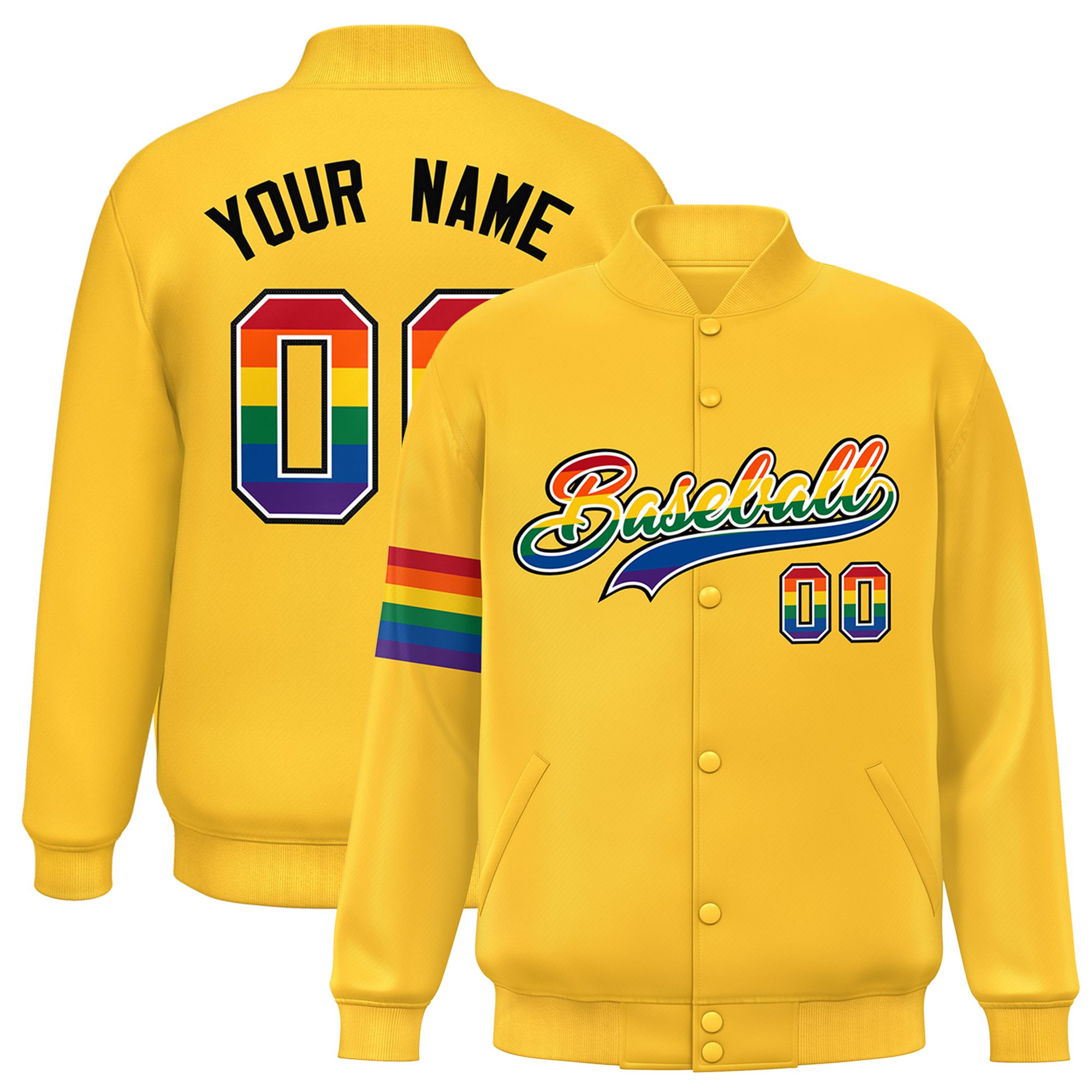 Custom Gold LGBT Rainbow For Pride Month Classic Style Letterman Baseball Jacket