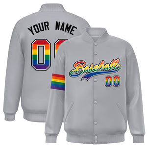 Custom Light Gray LGBT Rainbow For Pride Month Classic Style Letterman Baseball Jacket