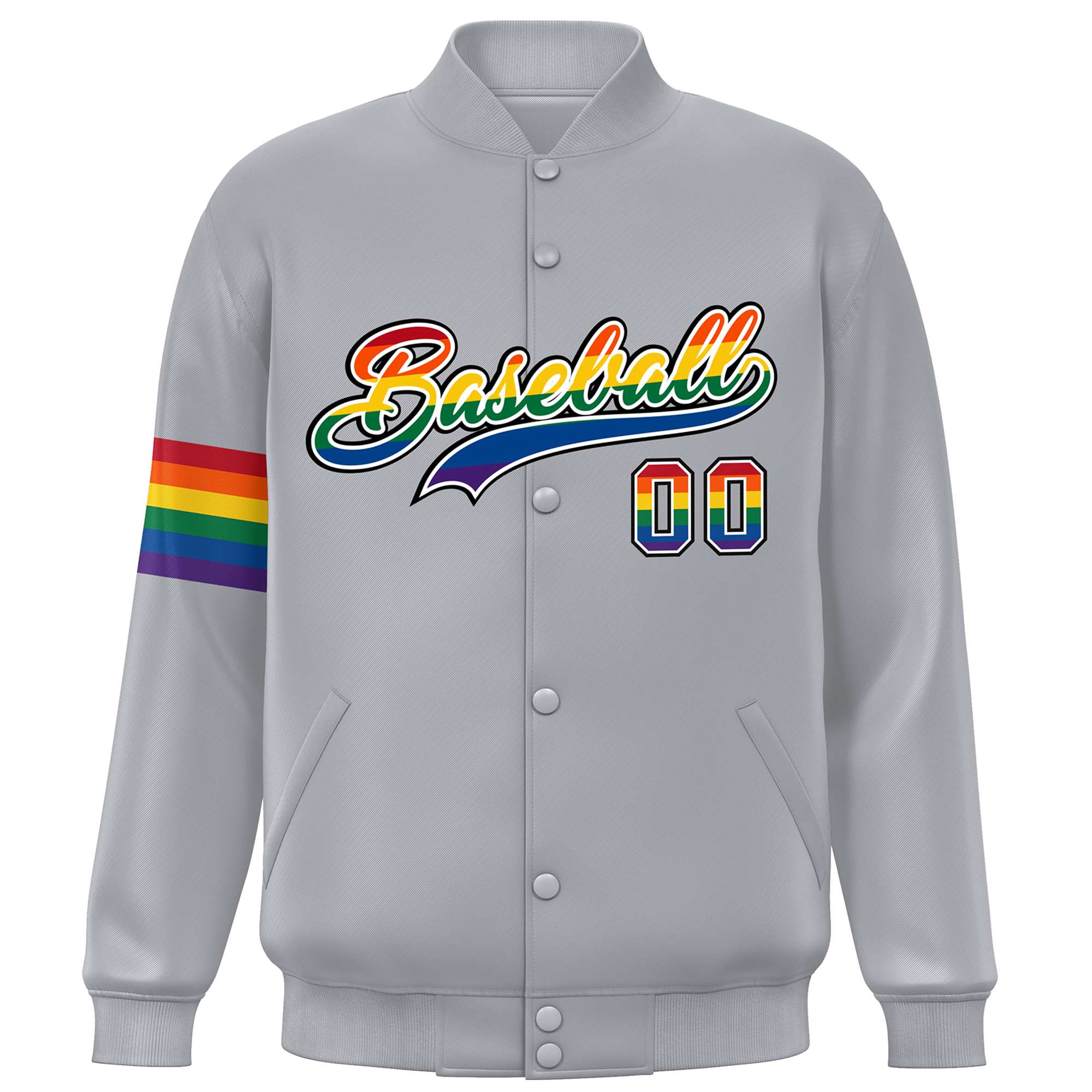 Custom Light Gray LGBT Rainbow For Pride Month Classic Style Letterman Baseball Jacket