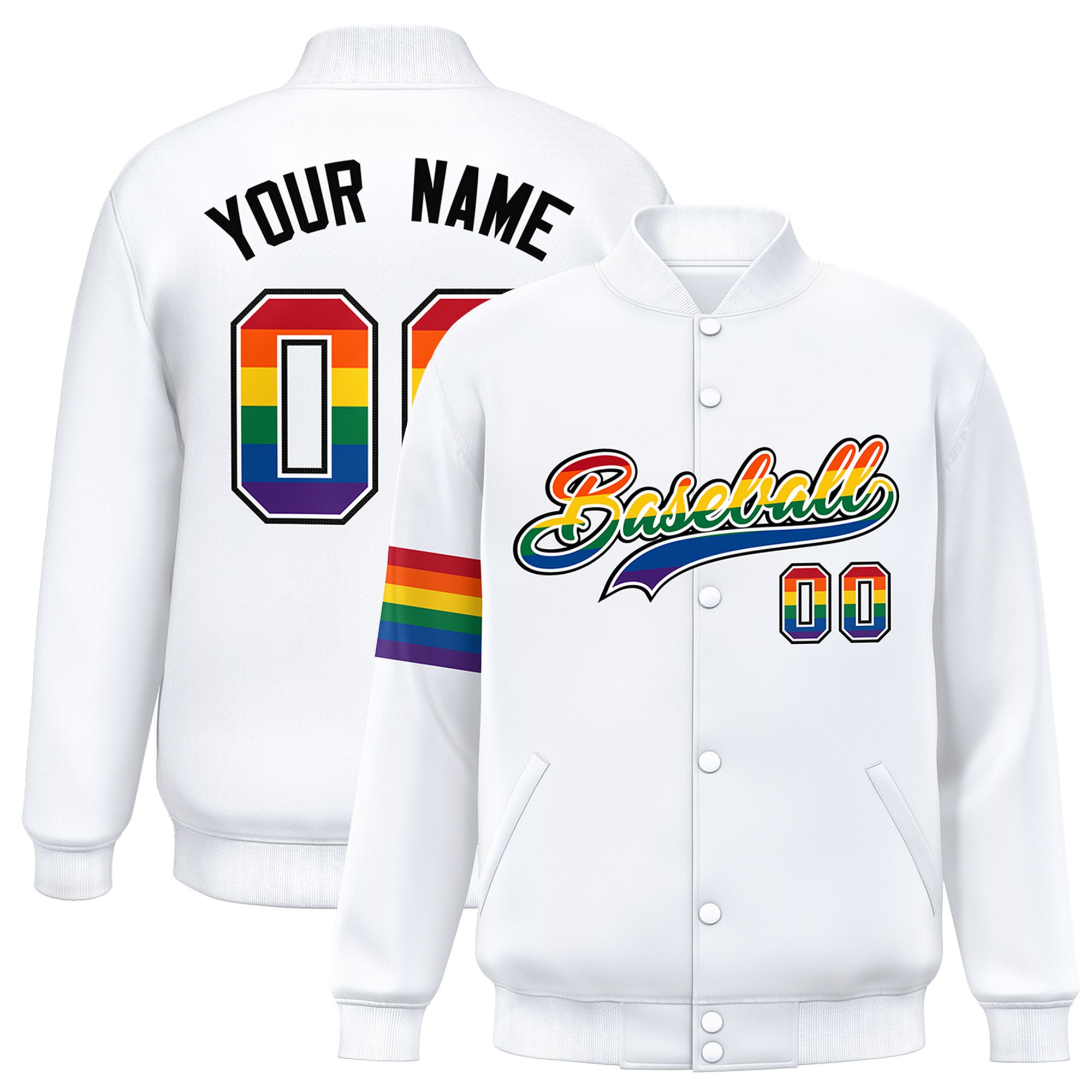 Custom White LGBT Rainbow For Pride Month Classic Style Letterman Baseball Jacket