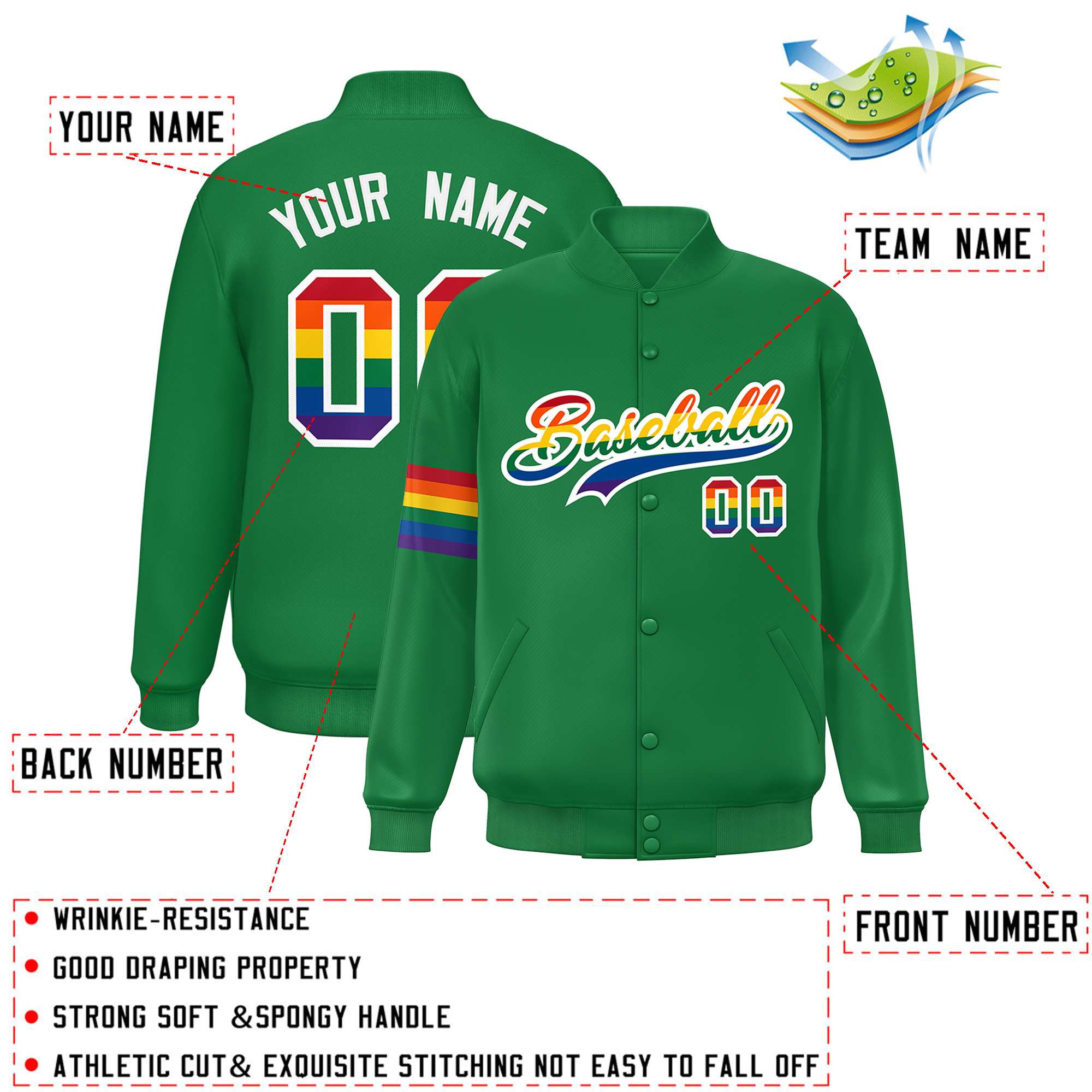 Custom Kelly Green LGBT Rainbow For Pride Month Classic Style Letterman Baseball Jacket