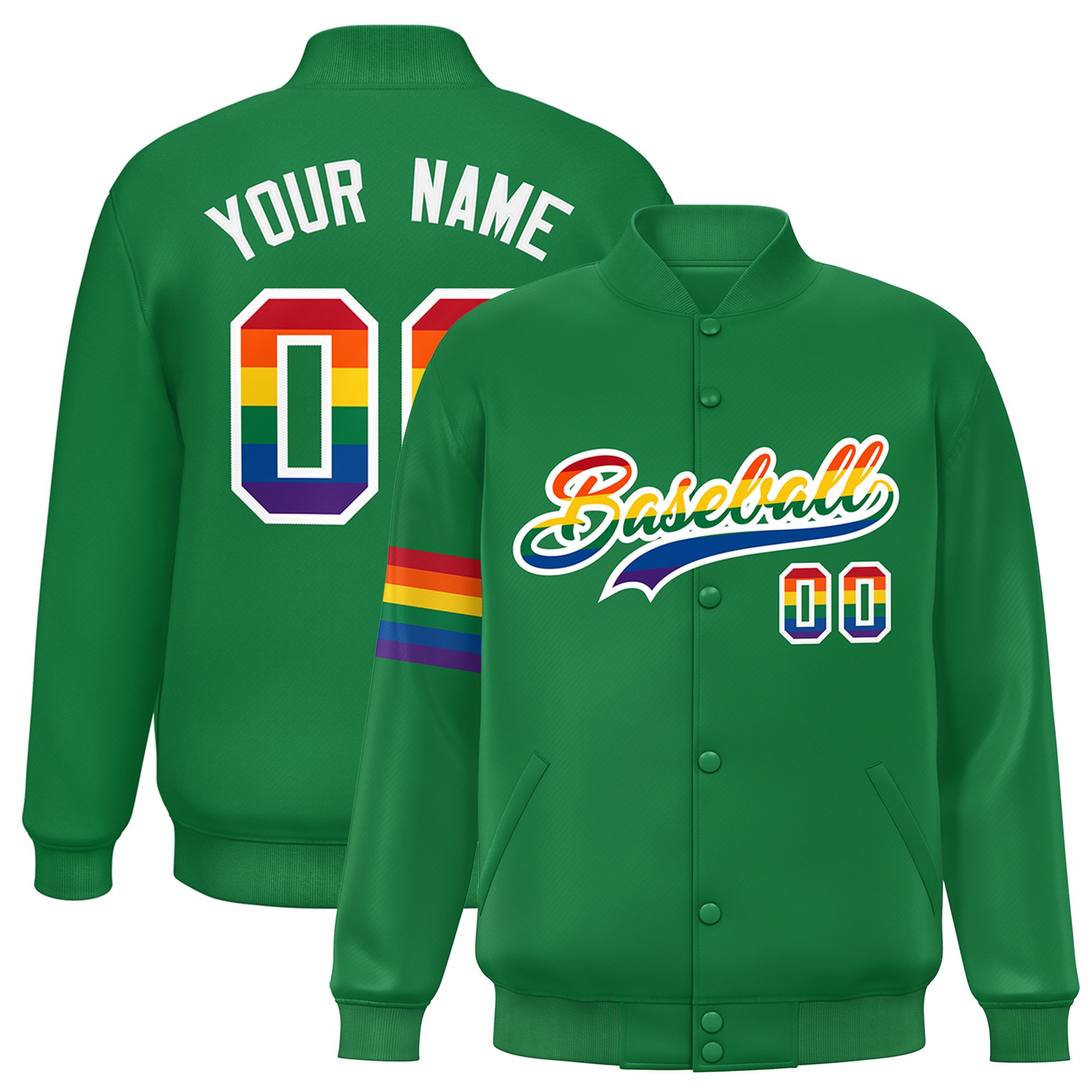 Custom Kelly Green LGBT Rainbow For Pride Month Classic Style Letterman Baseball Jacket