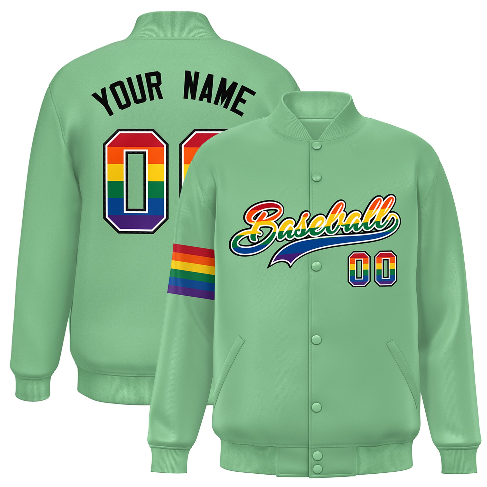 Custom Light Green LGBT Rainbow For Pride Month Classic Style Letterman Baseball Jacket