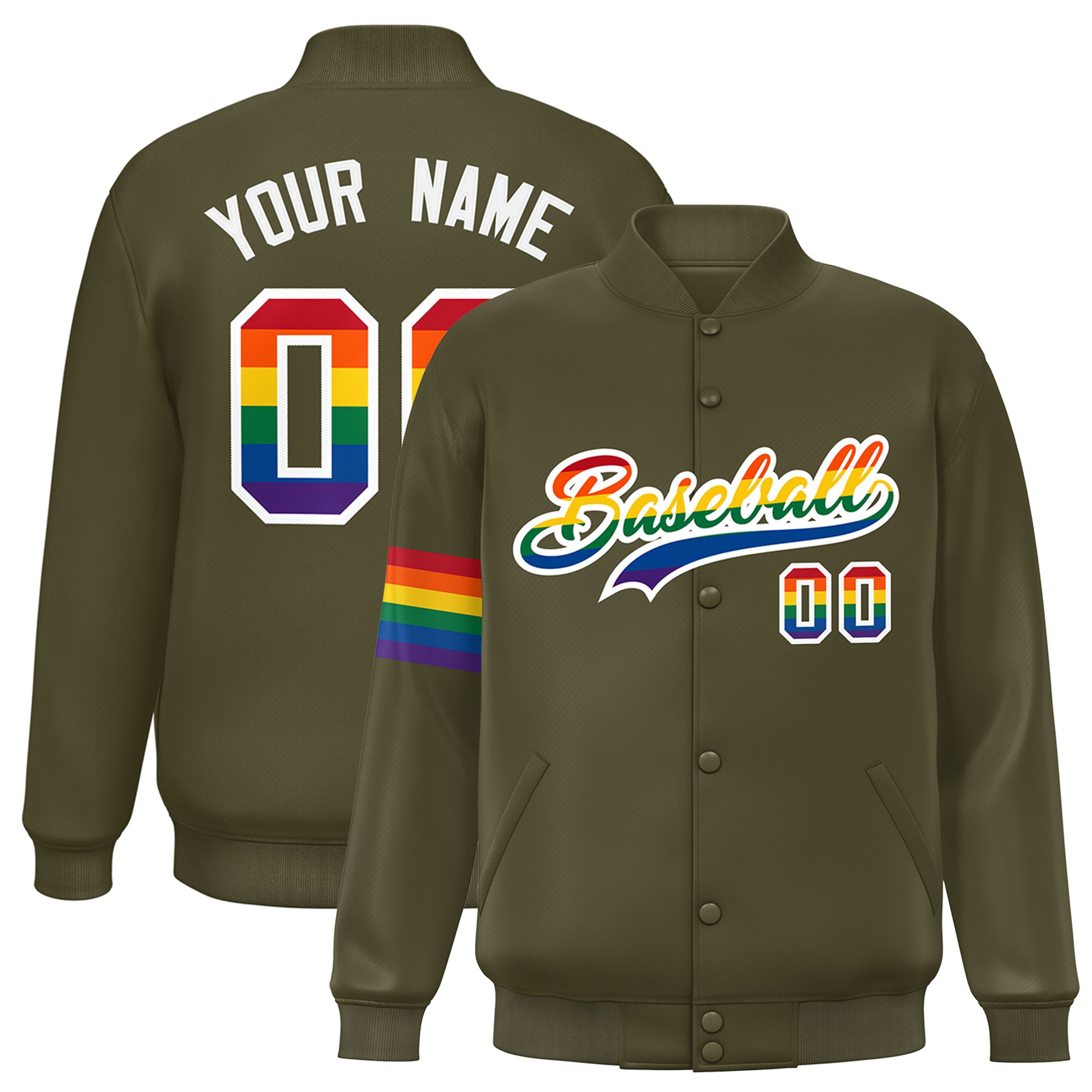 Custom Olive LGBT Rainbow For Pride Month Classic Style Letterman Baseball Jacket