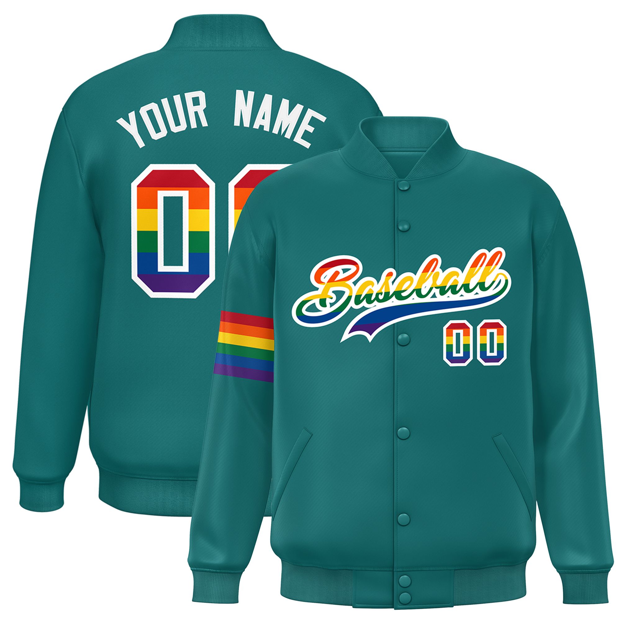 Custom Aqua LGBT Rainbow For Pride Month Classic Style Letterman Baseball Jacket