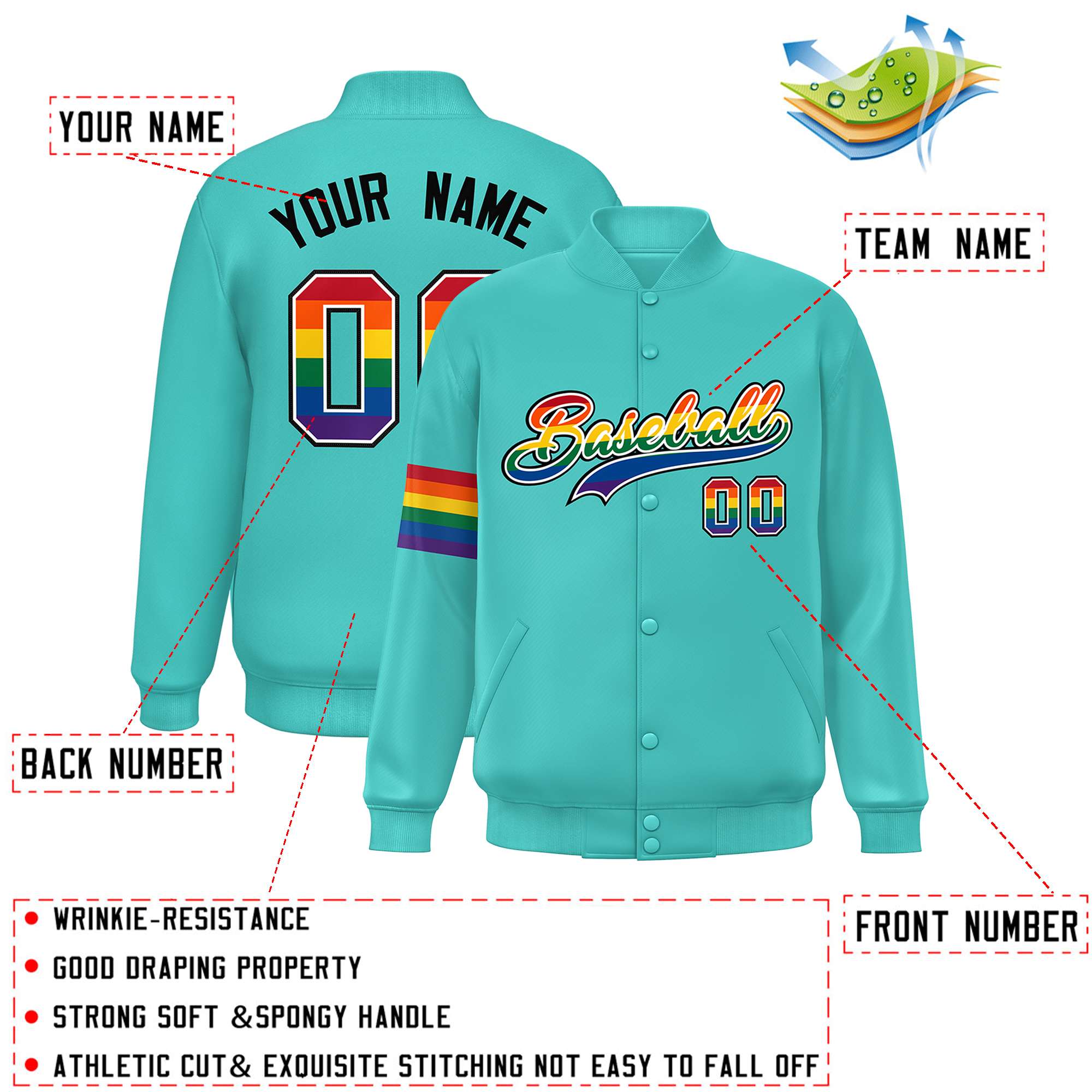 Custom Aqua LGBT Rainbow For Pride Month Classic Style Letterman Baseball Jacket