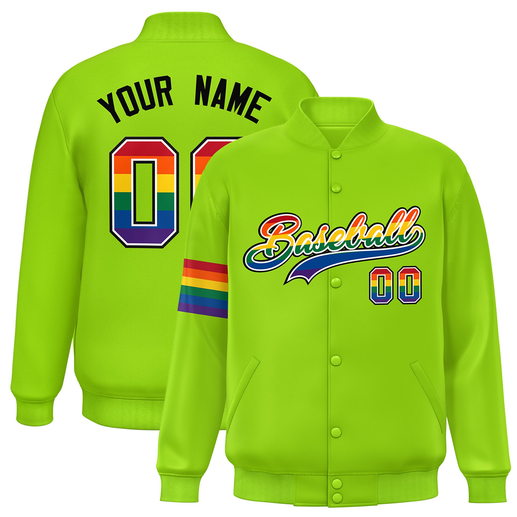 Custom Neon Green LGBT Rainbow For Pride Month Classic Style Letterman Baseball Jacket