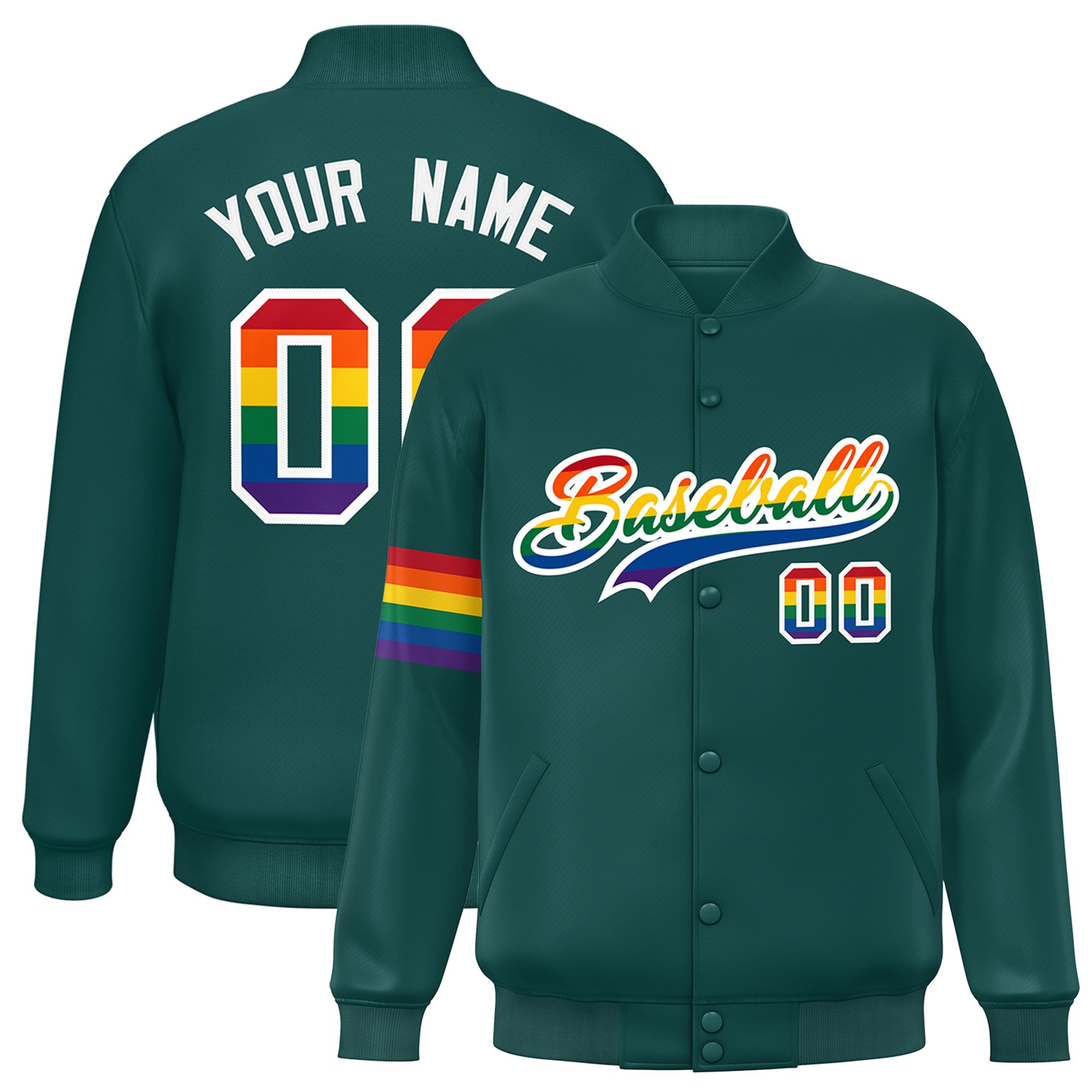 Custom Midnight Green LGBT Rainbow For Pride Month Classic Style Letterman Baseball Jacket