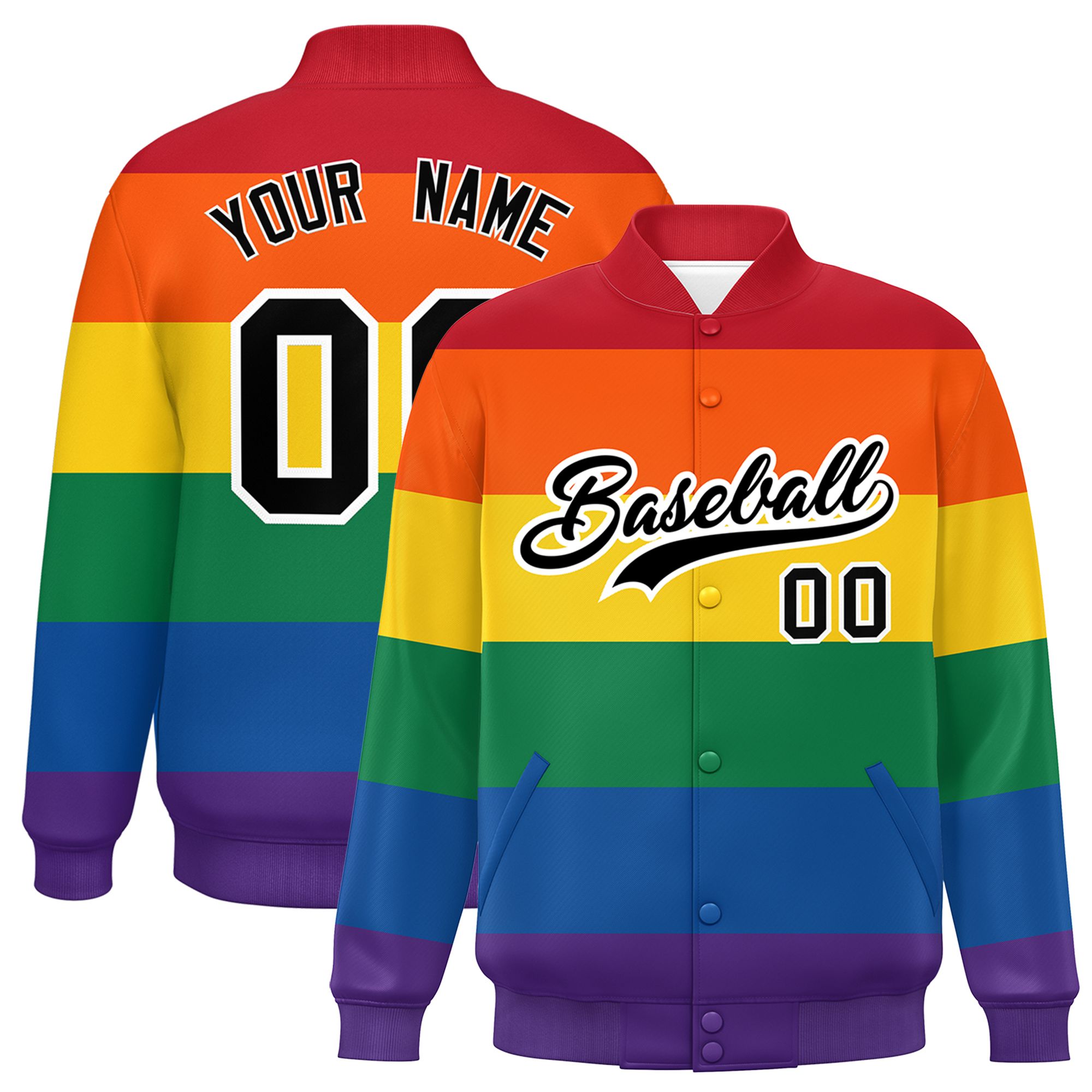 Custom LGBT Rainbow For Pride Month Full-Snap Color Block Letterman Baseball Jacket