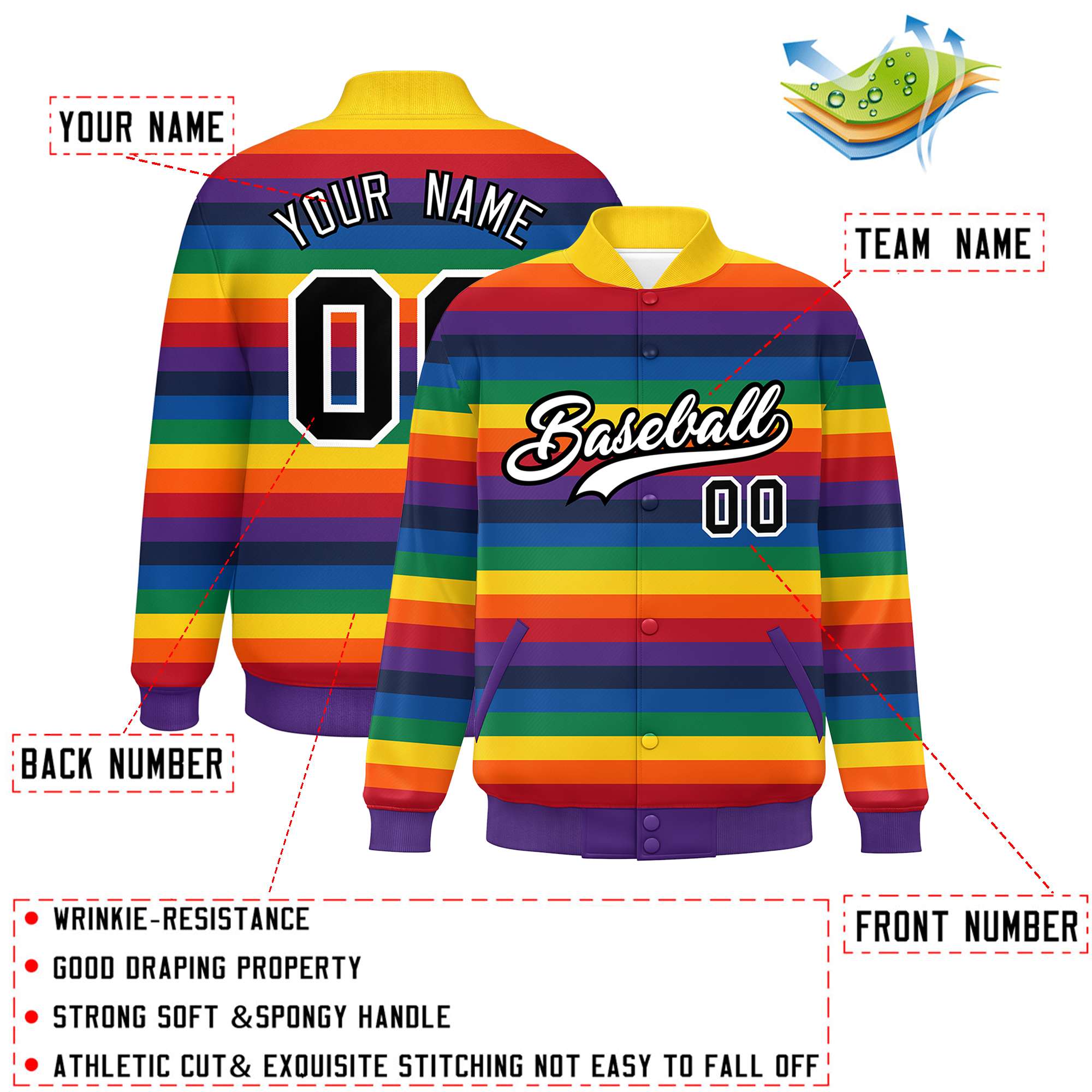 Custom LGBT Rainbow For Pride Month Full-Snap Color Block Letterman Baseball Jacket