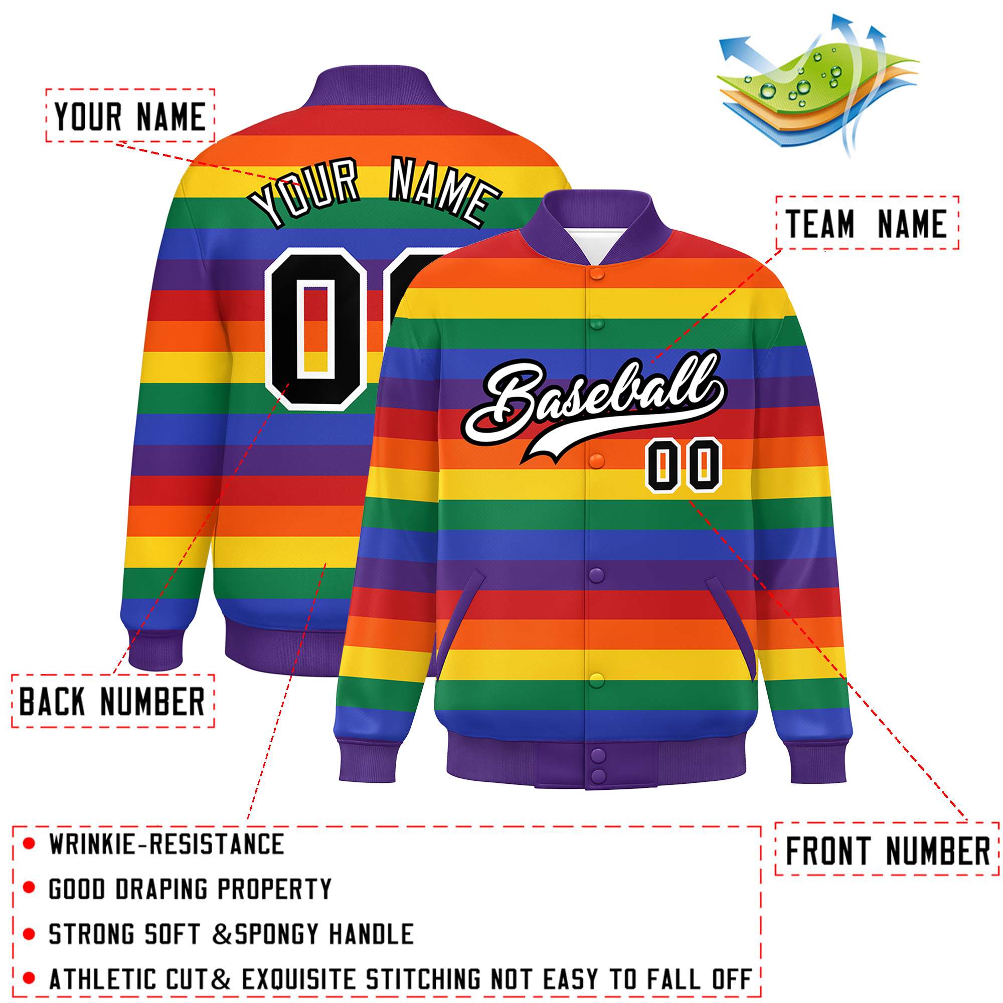 Custom LGBT Rainbow For Pride Month Full-Snap Color Block Letterman Baseball Jacket