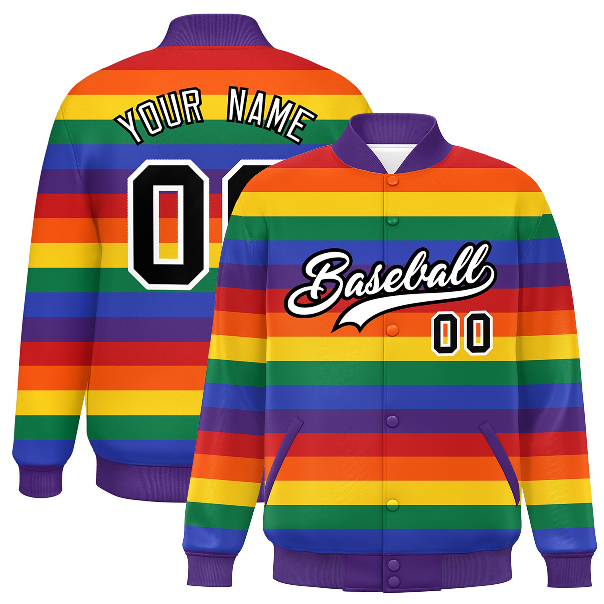 Custom LGBT Rainbow For Pride Month Full-Snap Color Block Letterman Baseball Jacket