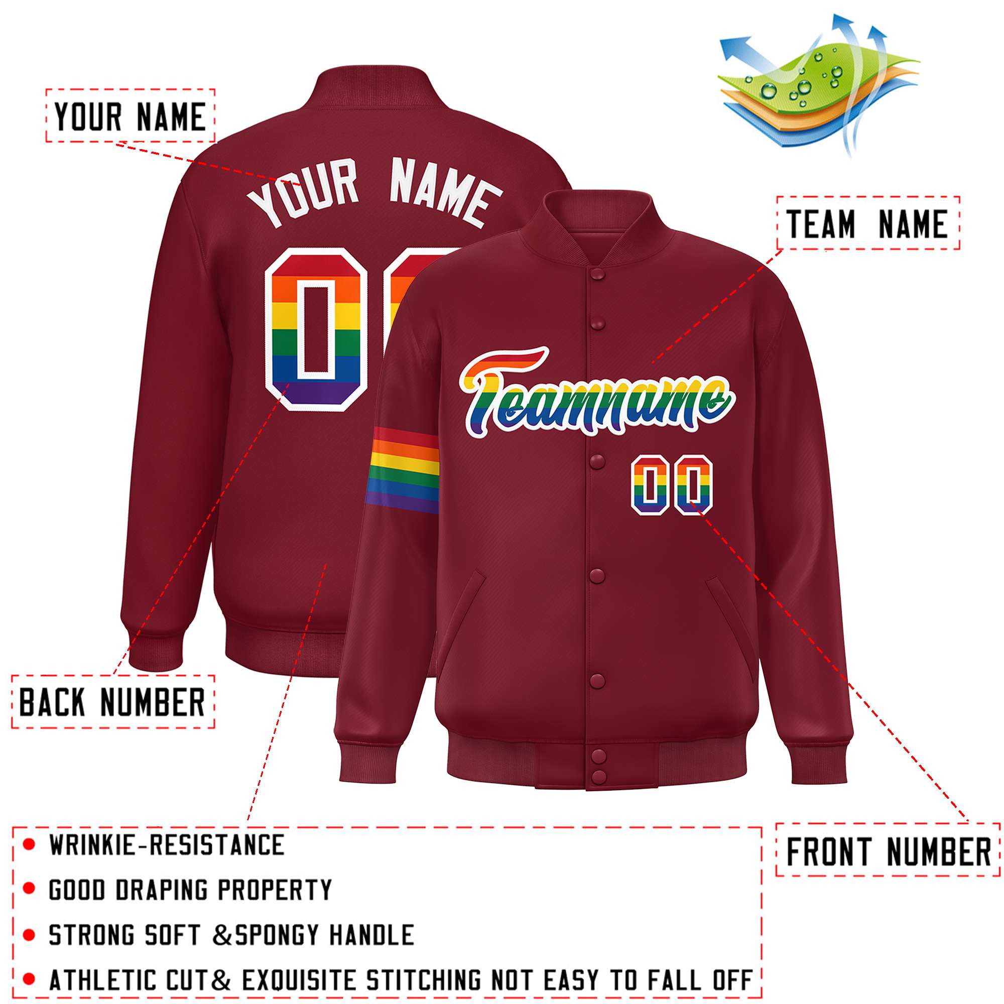 Custom Crimson LGBT Rainbow For Pride Month Classic Style Letterman Baseball Jacket