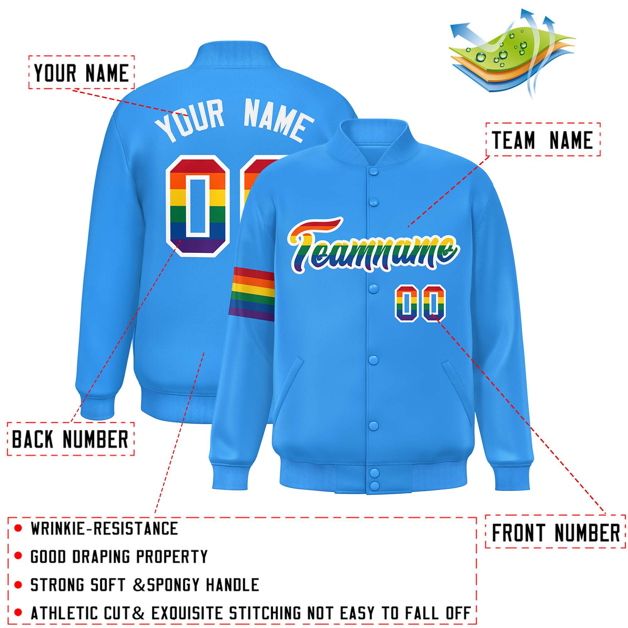 Custom Powder Blue LGBT Rainbow For Pride Month Classic Style Letterman Baseball Jacket