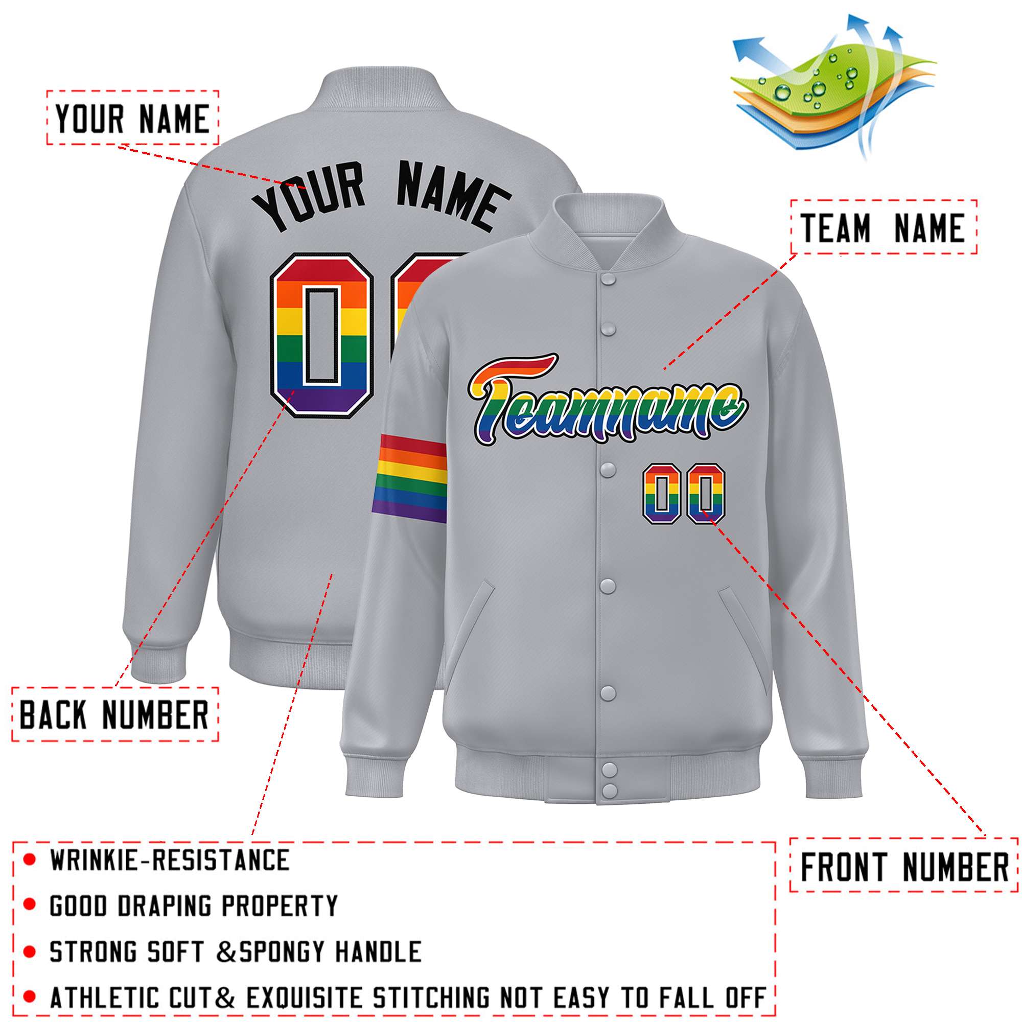 Custom Light Gray LGBT Rainbow For Pride Month Classic Style Letterman Baseball Jacket