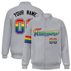 Custom Light Gray LGBT Rainbow For Pride Month Classic Style Letterman Baseball Jacket