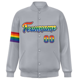 Custom Light Gray LGBT Rainbow For Pride Month Classic Style Letterman Baseball Jacket