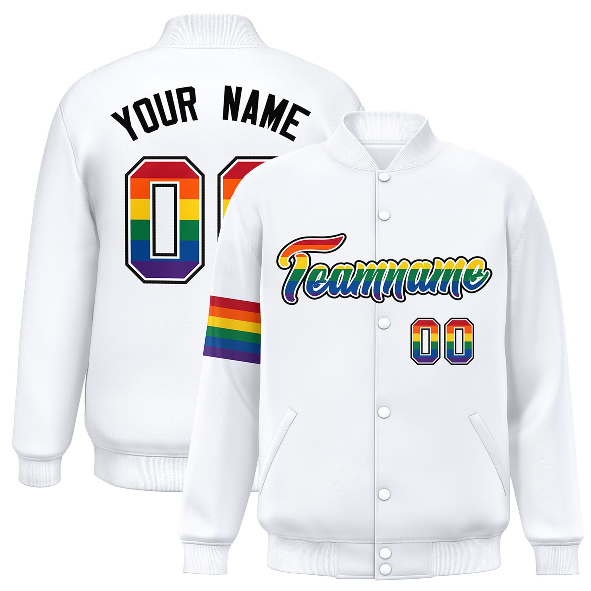 Custom White LGBT Rainbow For Pride Month Classic Style Letterman Baseball Jacket