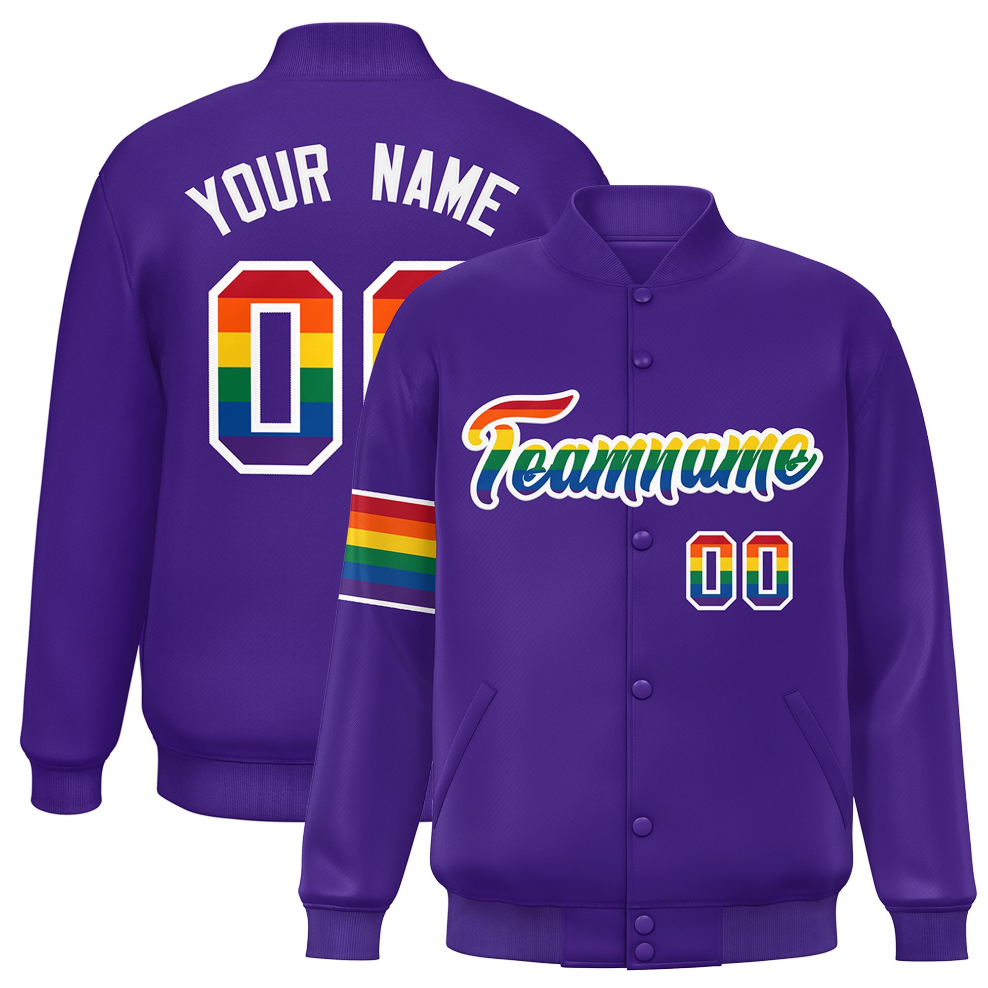 Custom Purple LGBT Rainbow For Pride Month Classic Style Letterman Baseball Jacket