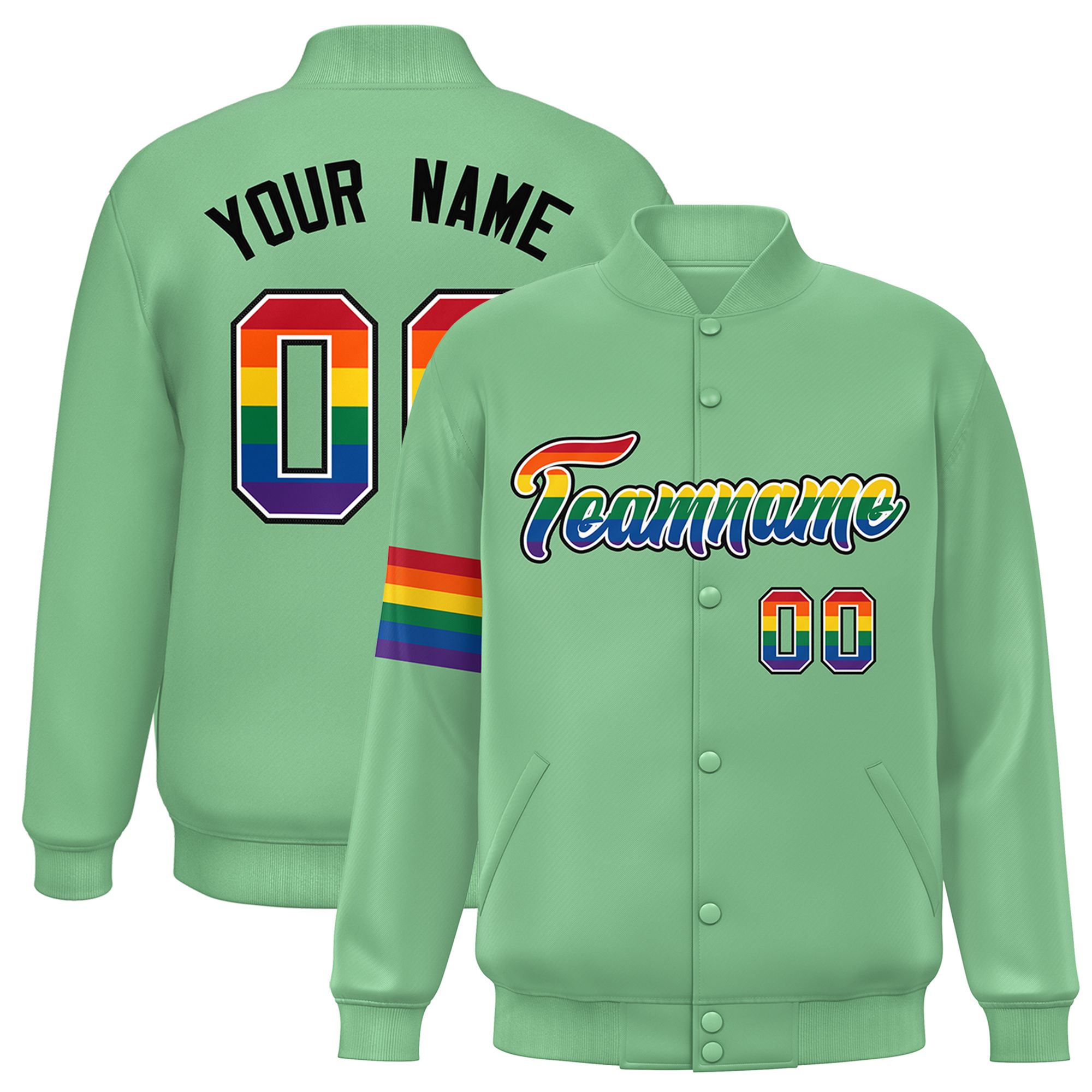 Custom Light Green LGBT Rainbow For Pride Month Classic Style Letterman Baseball Jacket