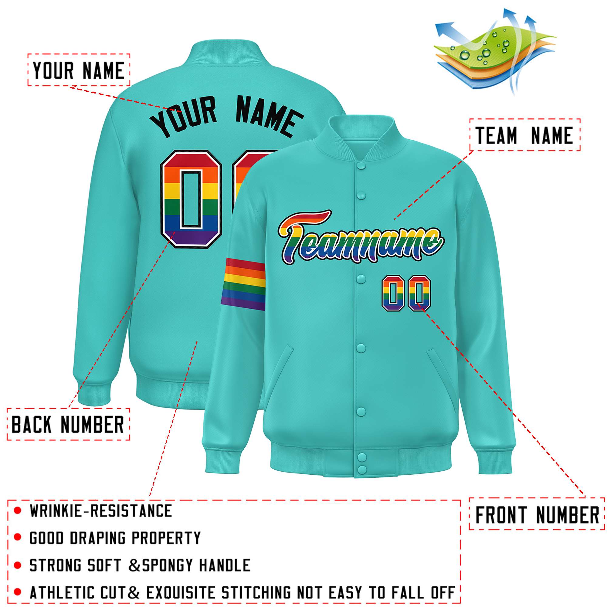 Custom Aqua LGBT Rainbow For Pride Month Classic Style Letterman Baseball Jacket