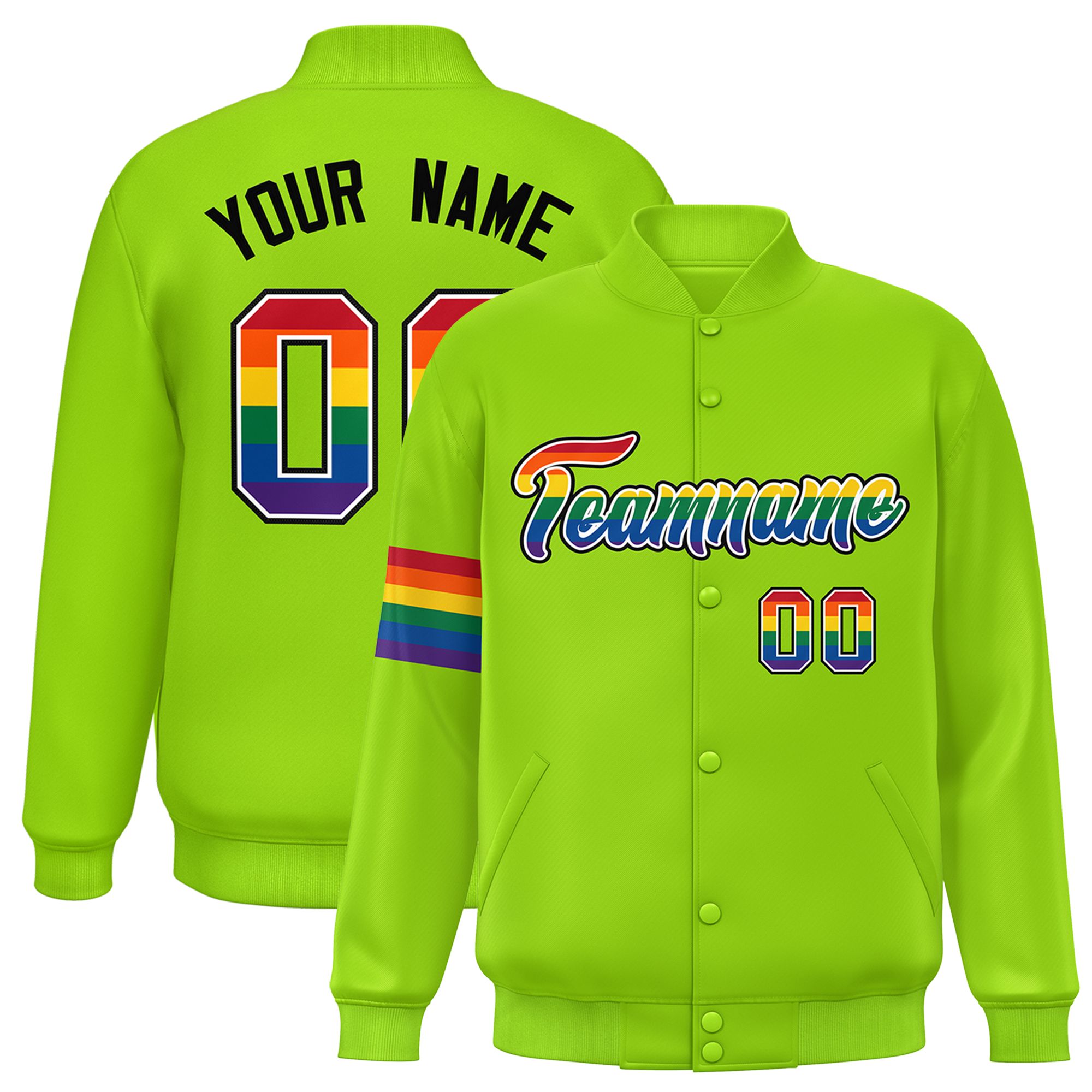 Custom Neon Green LGBT Rainbow For Pride Month Classic Style Letterman Baseball Jacket