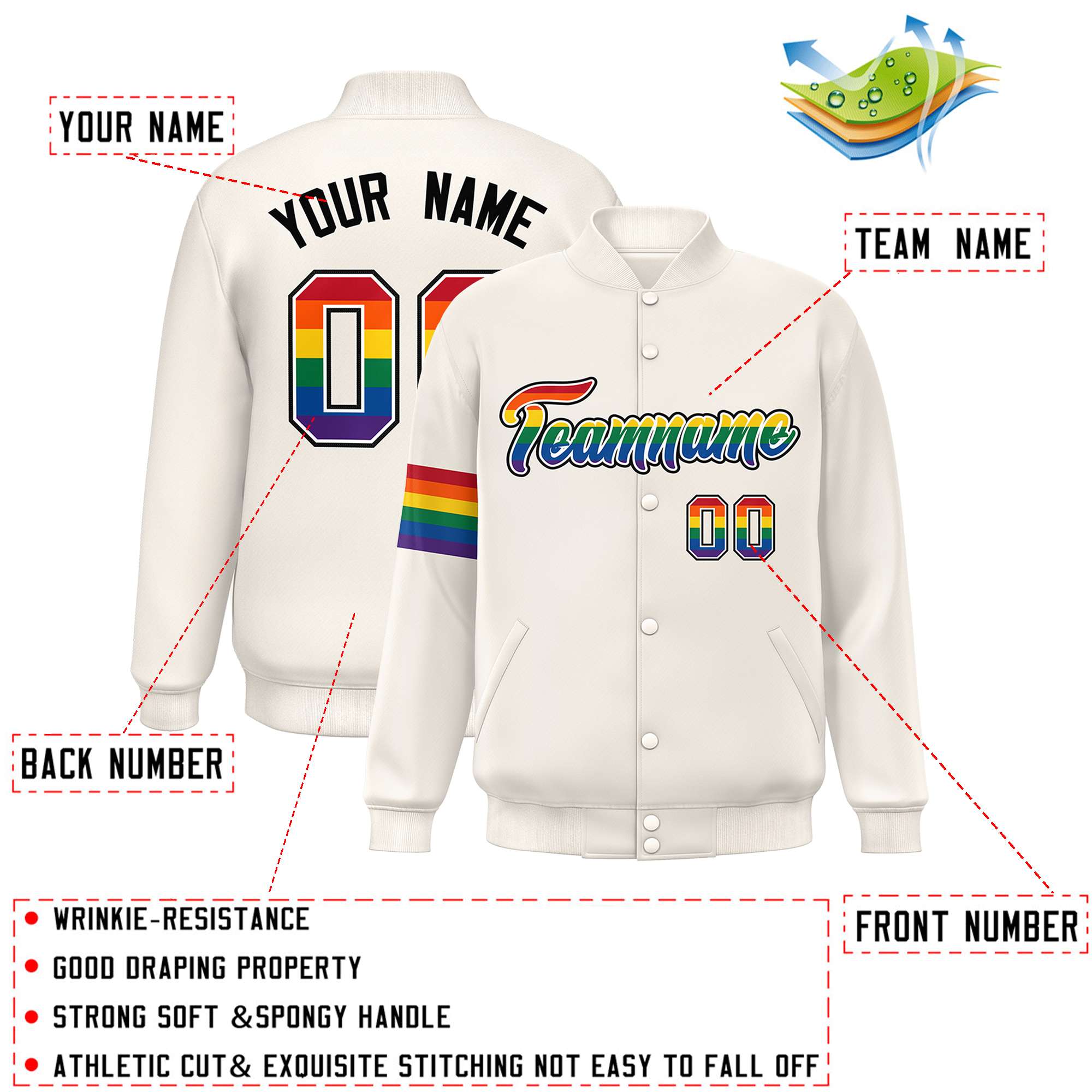 Custom Cream LGBT Rainbow For Pride Month Classic Style Letterman Baseball Jacket