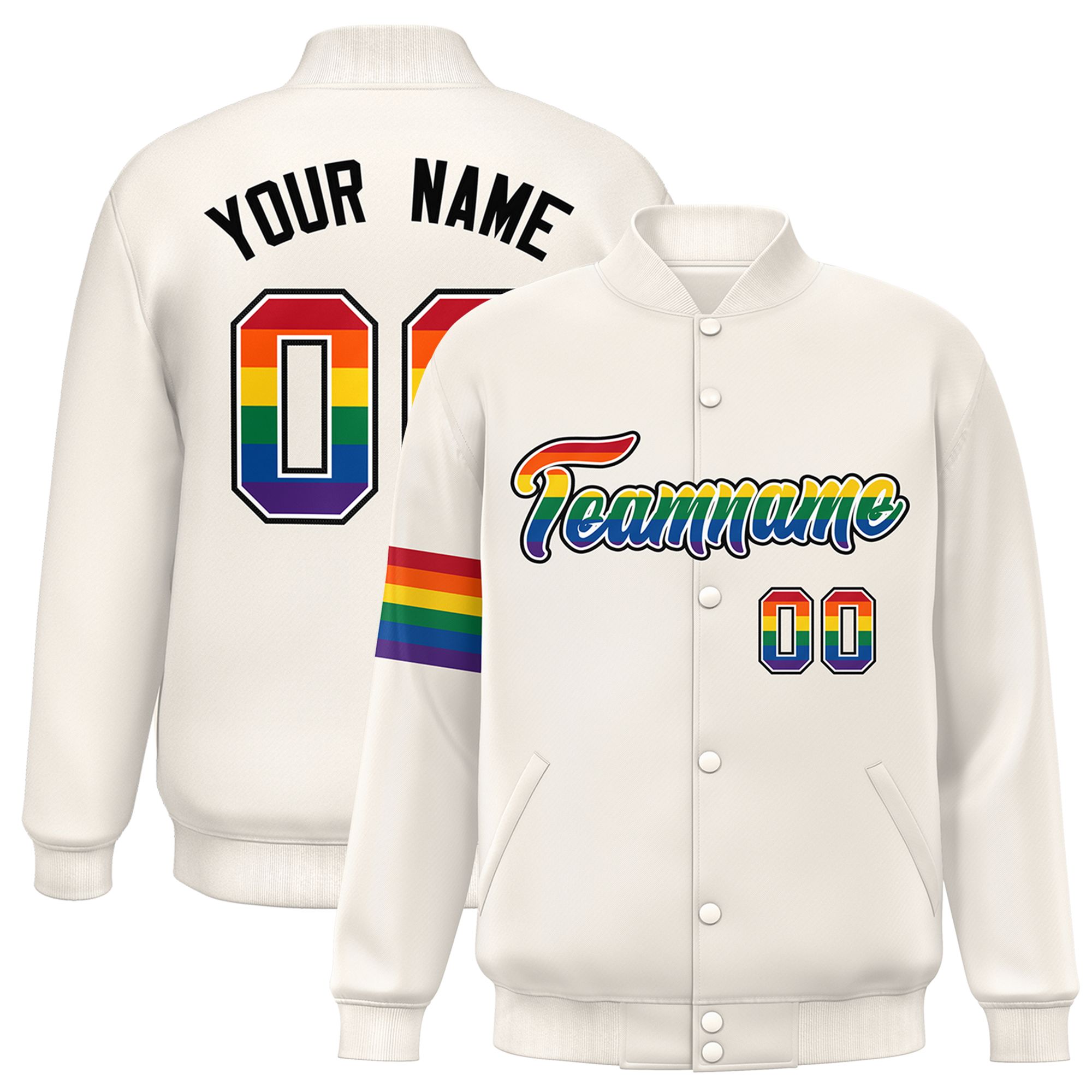 Custom Cream LGBT Rainbow For Pride Month Classic Style Letterman Baseball Jacket