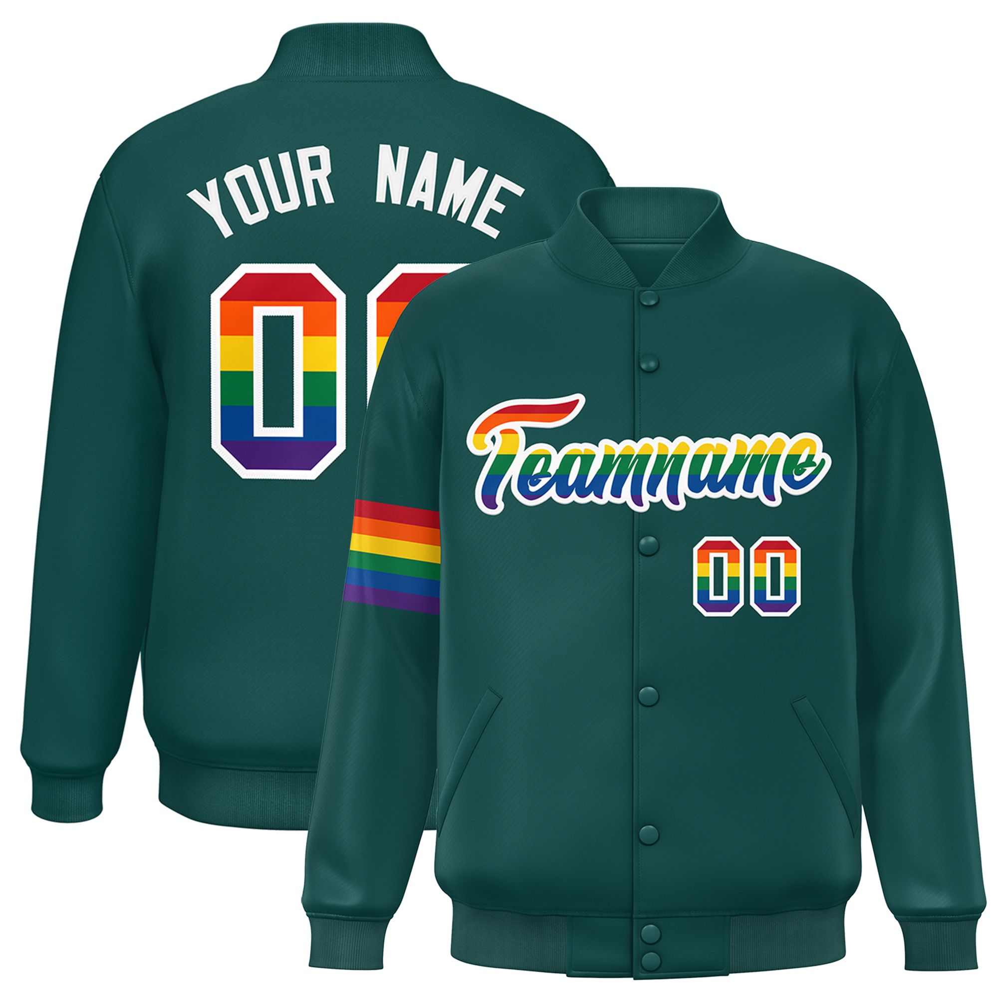 Custom Midnight Green LGBT Rainbow For Pride Month Classic Style Letterman Baseball Jacket