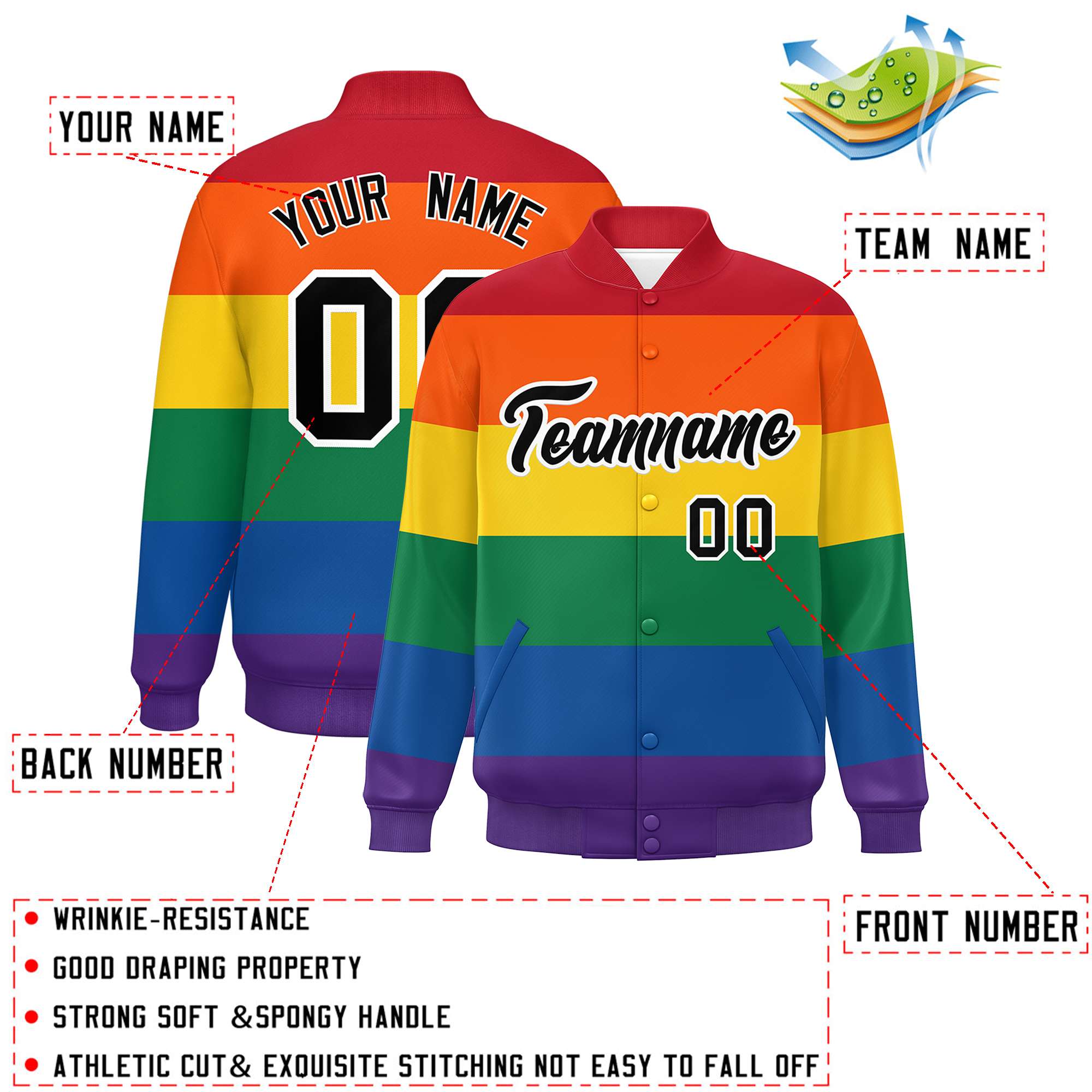 Custom LGBT Rainbow For Pride Month Full-Snap Color Block Letterman Baseball Jacket