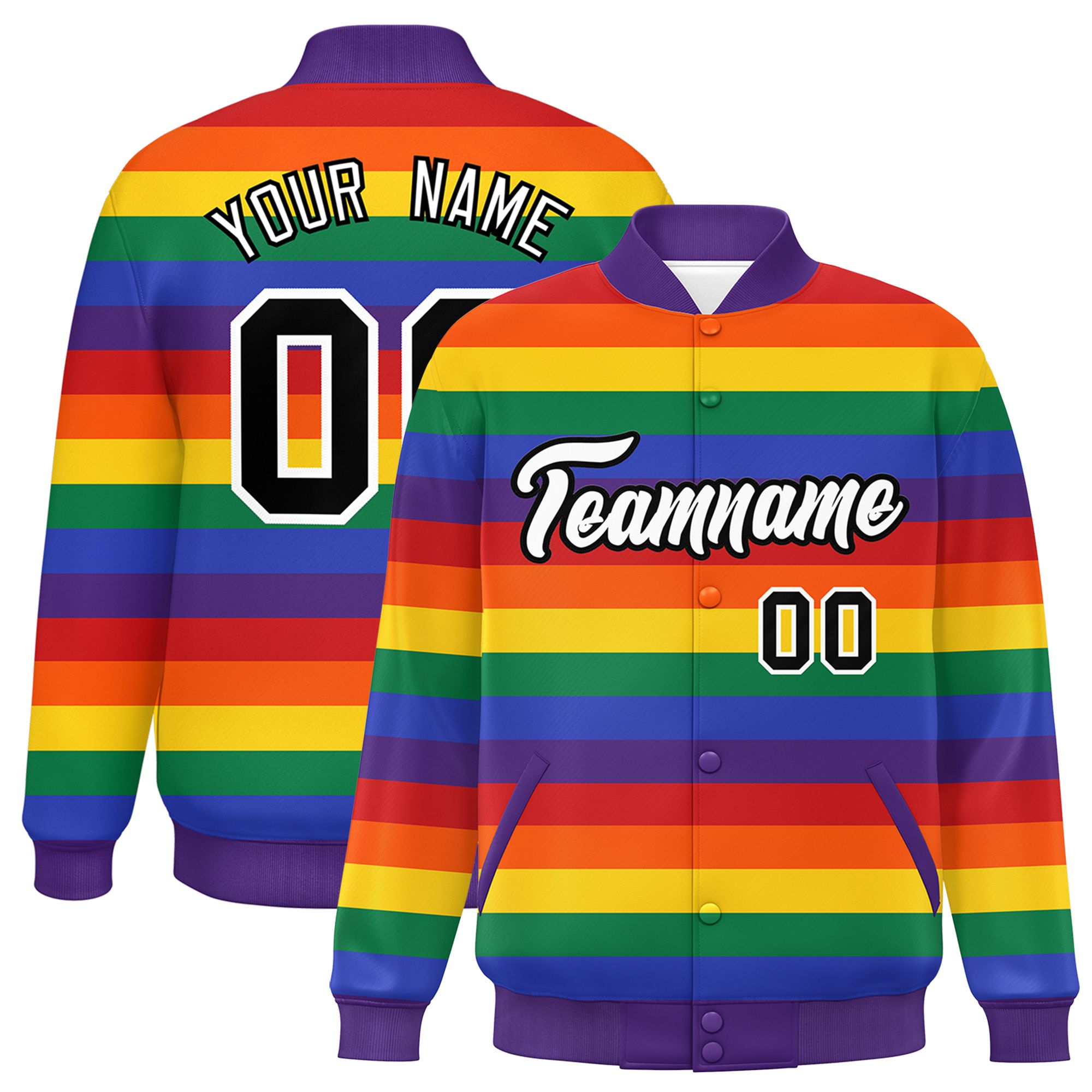 Custom LGBT Rainbow For Pride Month Full-Snap Color Block Letterman Baseball Jacket