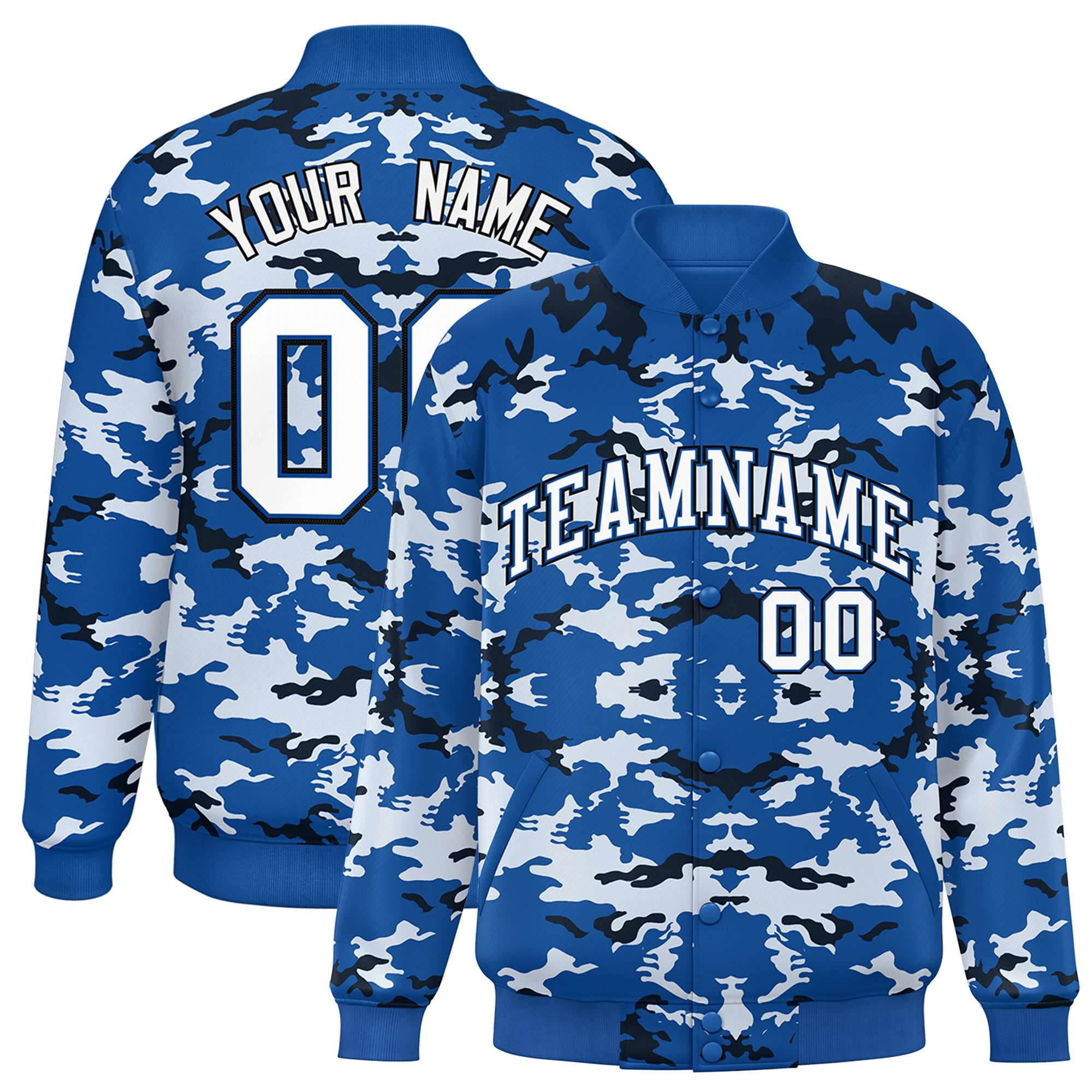 Custom Royal Black-White Varsity Full-Snap Camo Letterman Jacket