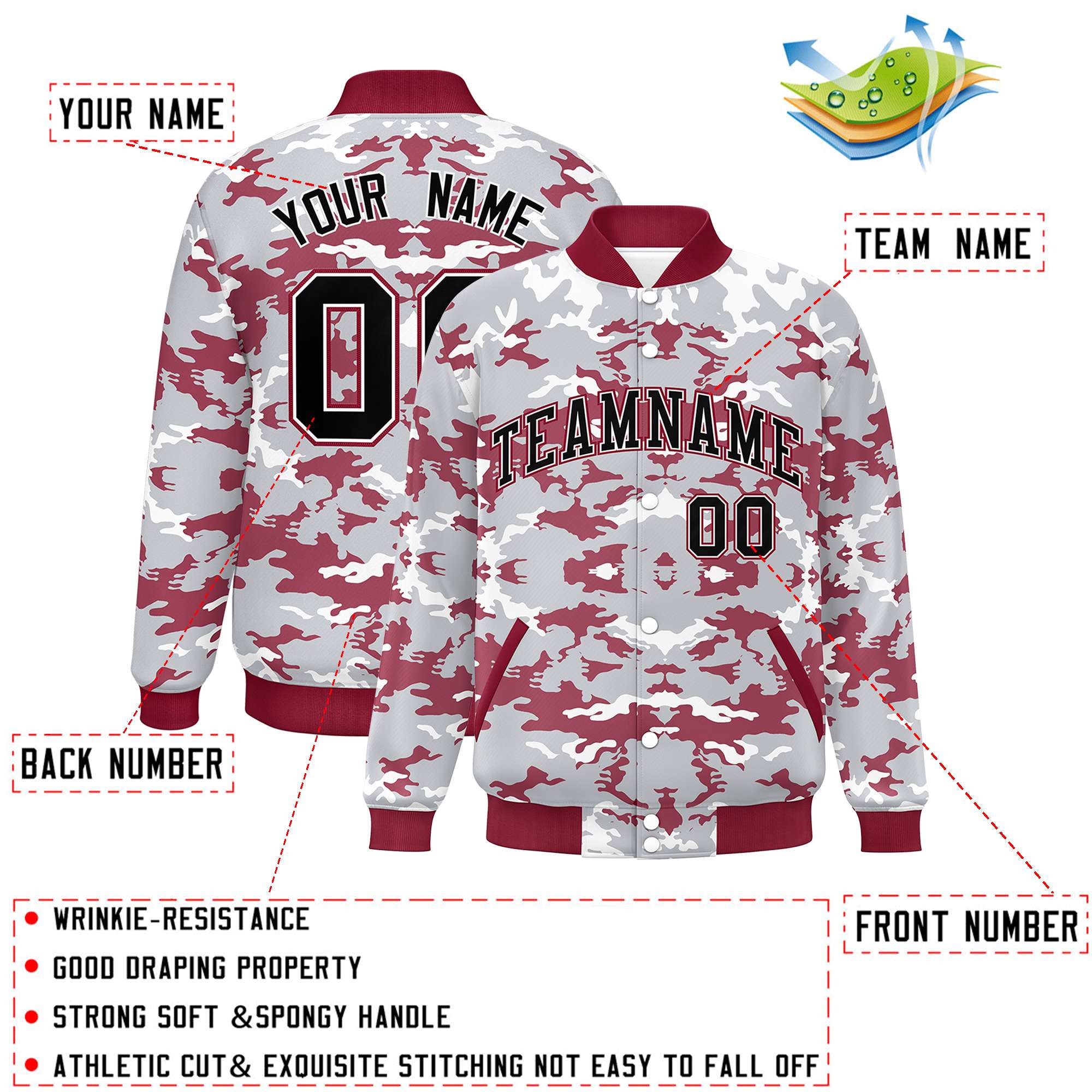 Custom Gray Crimson-White Varsity Full-Snap Camo Letterman Jacket