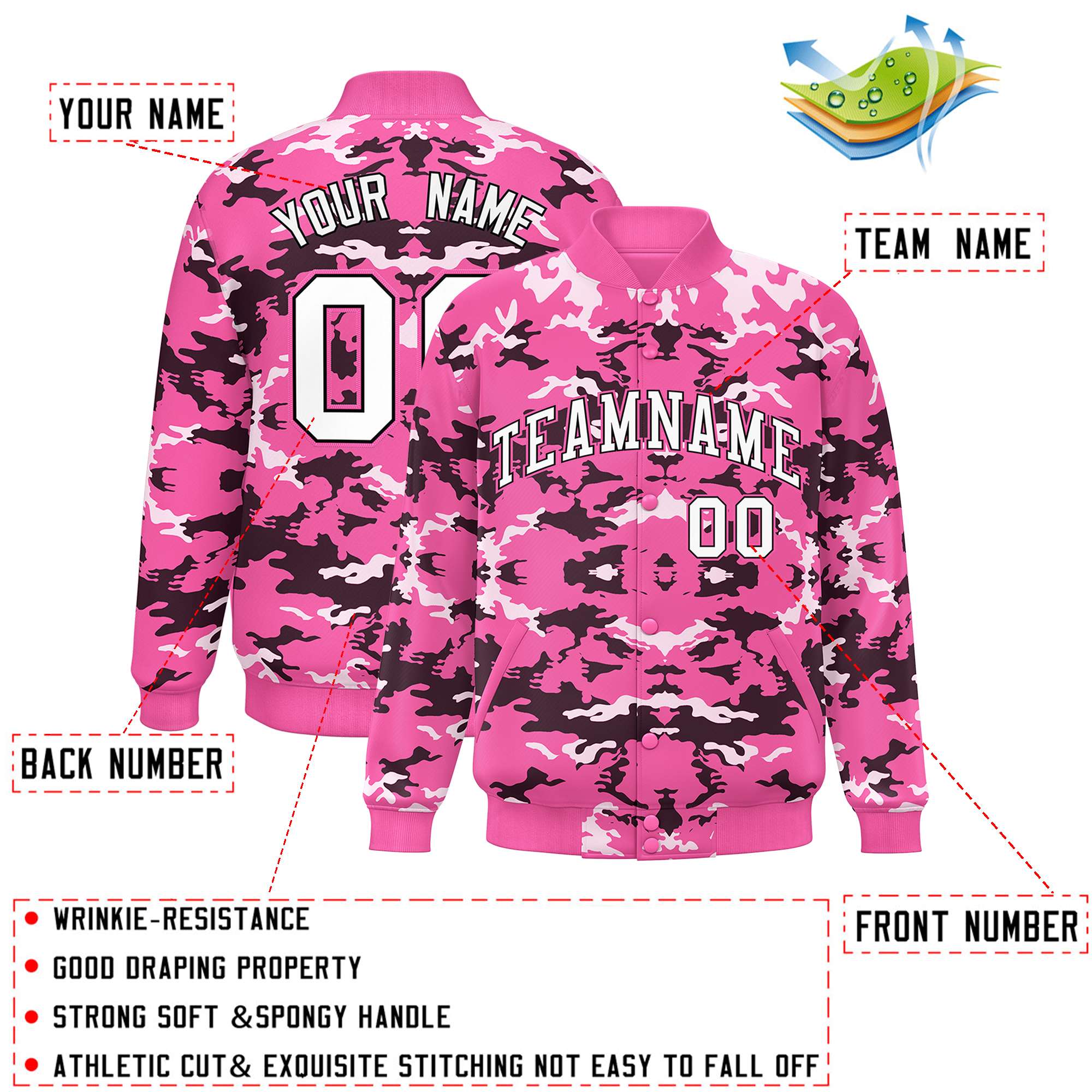 Custom Pink Black-White Varsity Full-Snap Camo Letterman Jacket