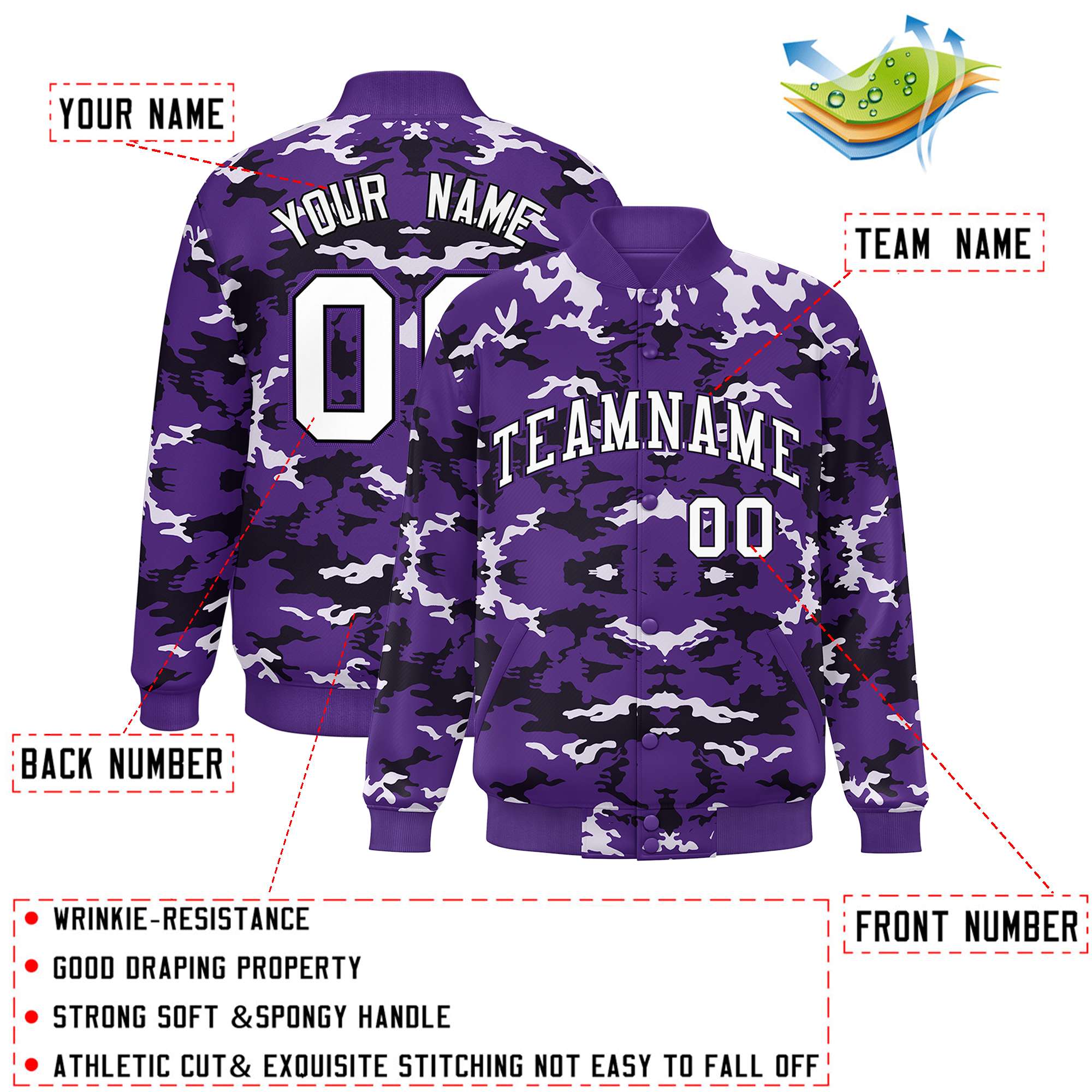 Custom Purple Black-White Varsity Full-Snap Camo Letterman Jacket