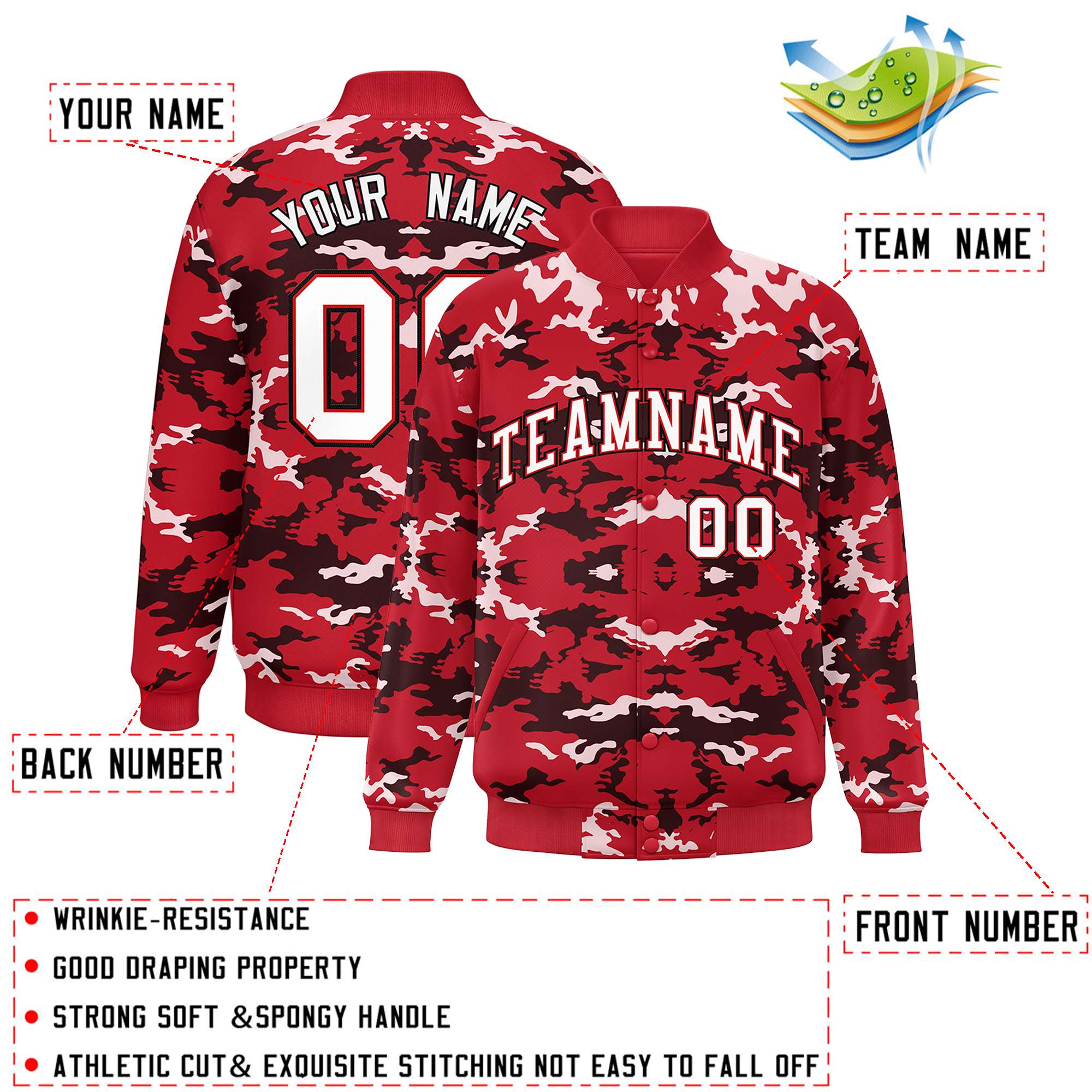 Custom Red Black-White Varsity Full-Snap Camo Letterman Jacket