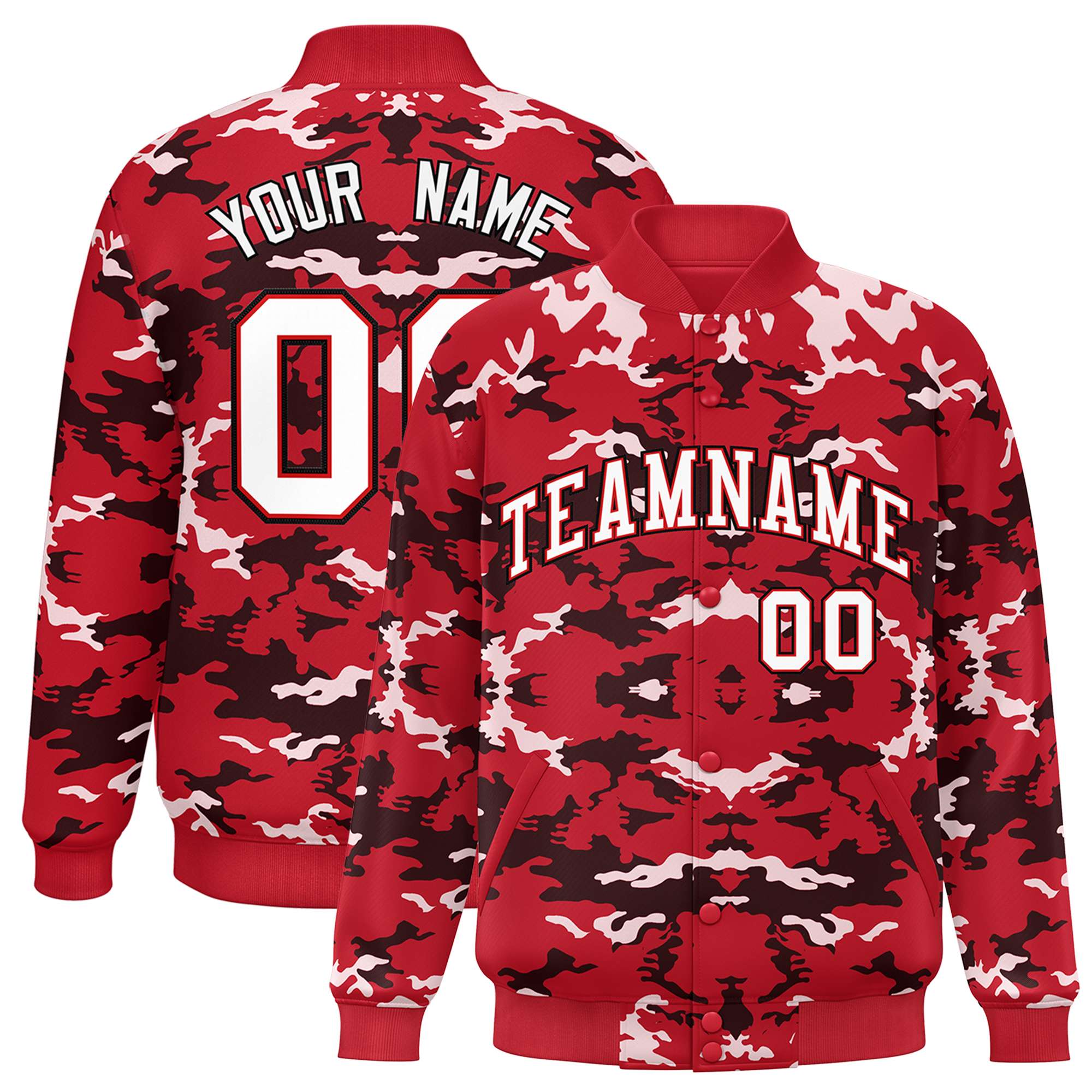 Custom Red Black-White Varsity Full-Snap Camo Letterman Jacket