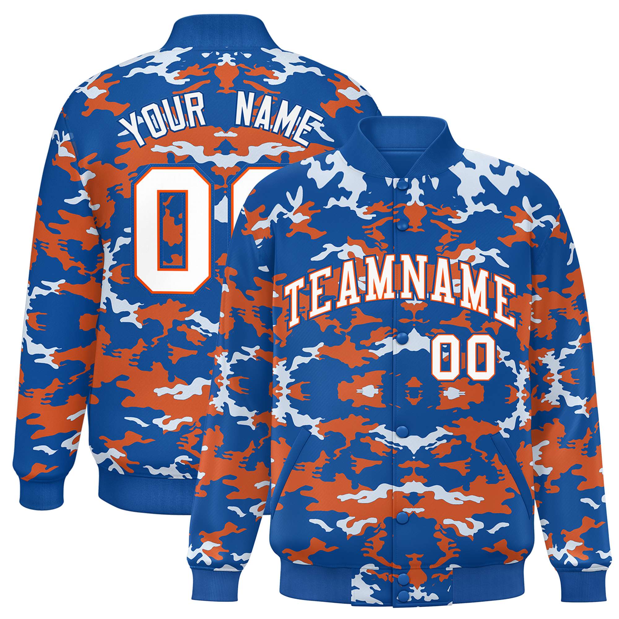 Custom Royal Orange-White Varsity Full-Snap Camo Letterman Jacket